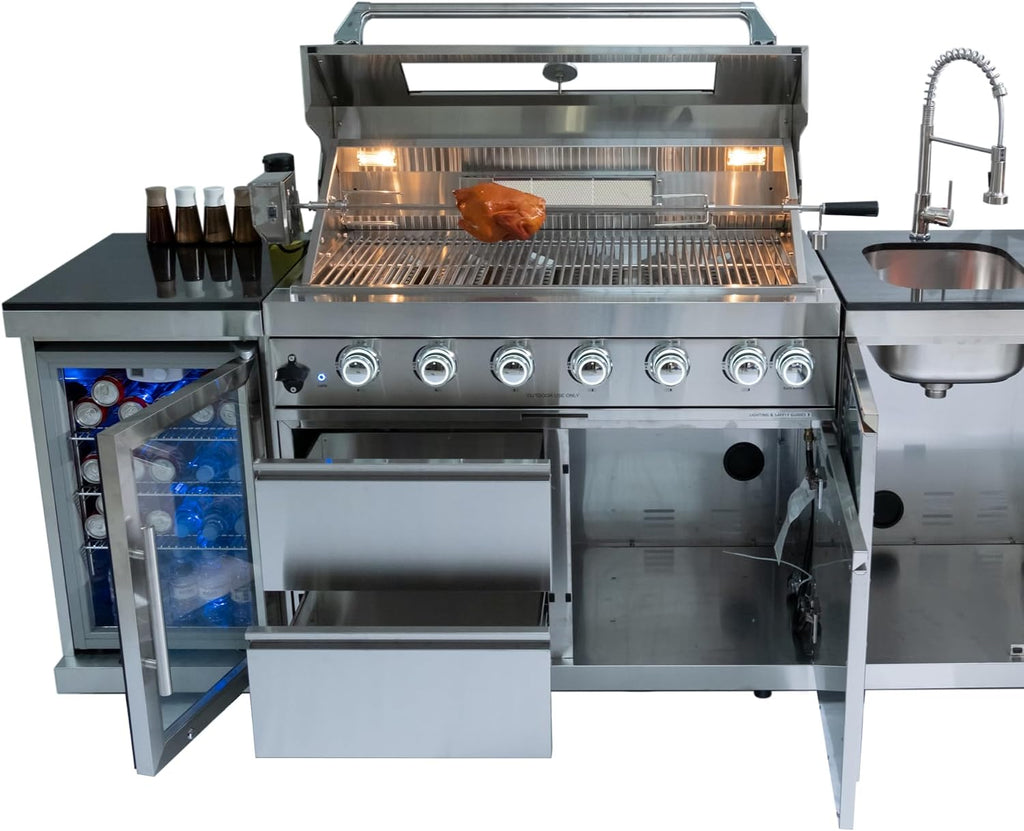 Modular Outdoor Kitchen BBQ Island, 85' Outdoor Kitchen Propane Gas Island Grill with Sink, Compact Refrigerator, Storage Cabinets, Rotisserie Kit (Silver, 85')