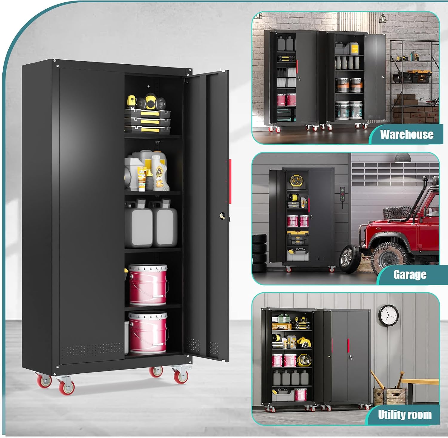 Eltean Metal Garage Cabinets with Wheels| 71' Steel Lockable Garage Storage Cabinet with 4 Adjustable Shelves, Heavy-Duty Tool Storage Cabinet for Home, Basement, Workshop (Black)