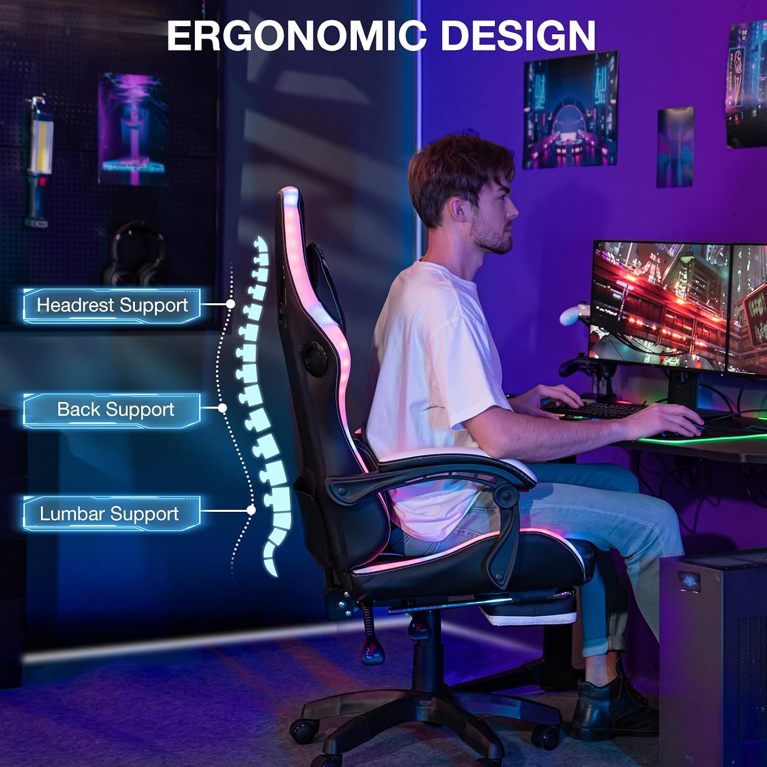HOFFREE LED Gaming Chair with Speakers Massage Big and Tall Computer Chair with RGB Lights Bluetooth Game Chair with Footrest High Back Gaming Chairs for Adults 400lbs White and Black