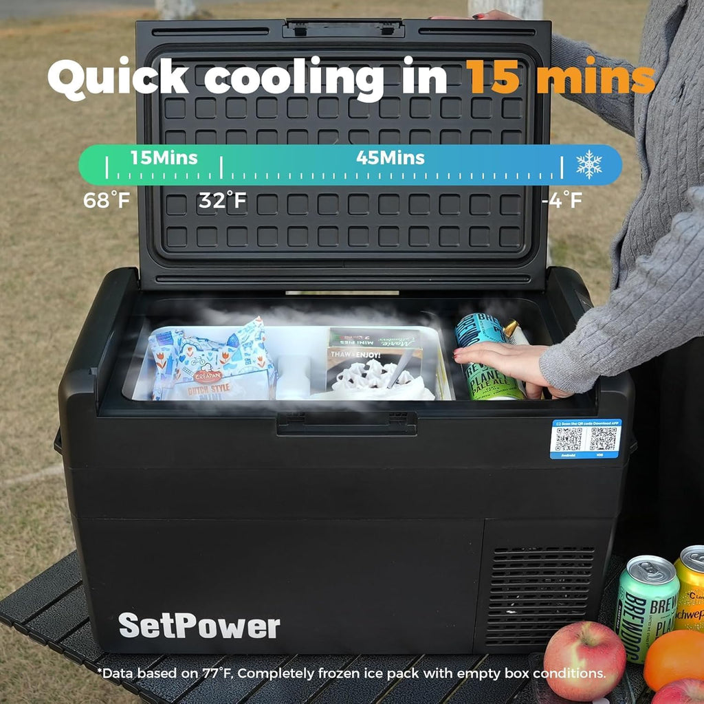Setpower Car Refrigerator 50 Hours Backup Cooling 27 Quart 12 volt Fridge Portable Car Freezer with Cover 12V Coolers for Vehicles Electric Cooler for Car Camping Truck Van RV SUV Road Trip Travel