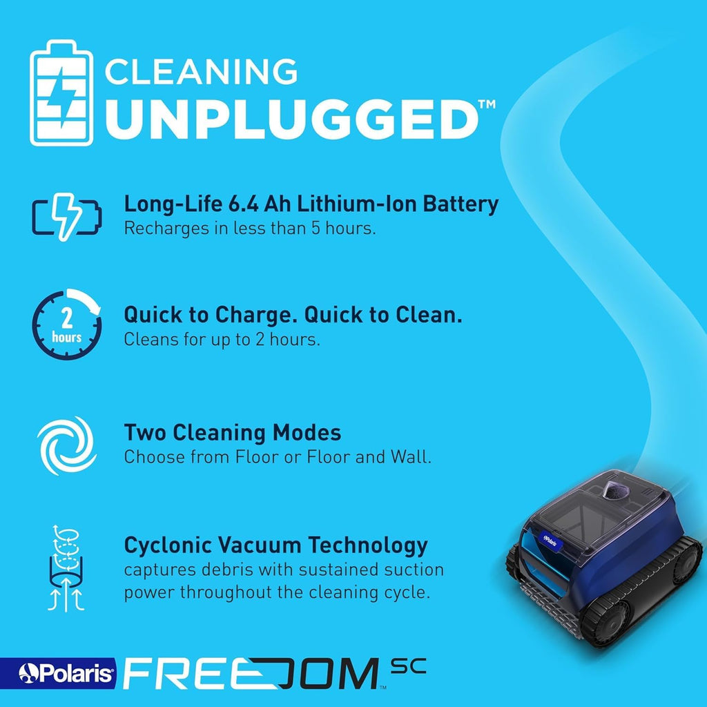 Polaris Freedom SC Cordless Robotic Pool Cleaner, WiFi Enabled, Fast Charging, Dual Modes, Cleans Floor & Walls in 2 Hrs, for In-Ground Pools up to 36ft, w/iAquaLink App & Easy Lift Removal