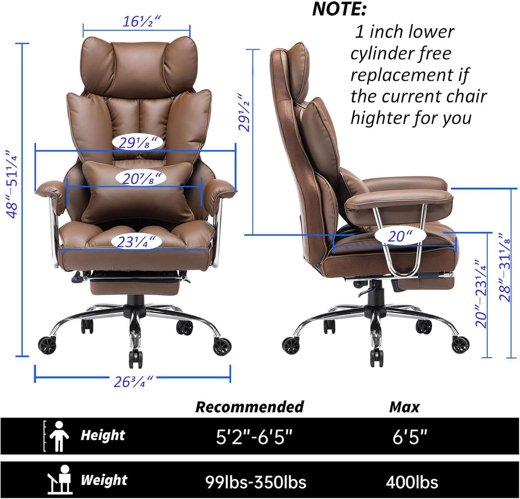 Efomao Big and Tall Office Chair 400lbs – High Back Executive Chair with Swivel Base, PU Leather Upholstery, Lumbar Pillow, Padded Armrests, and Rolling Wheels，Brown Computer Chair