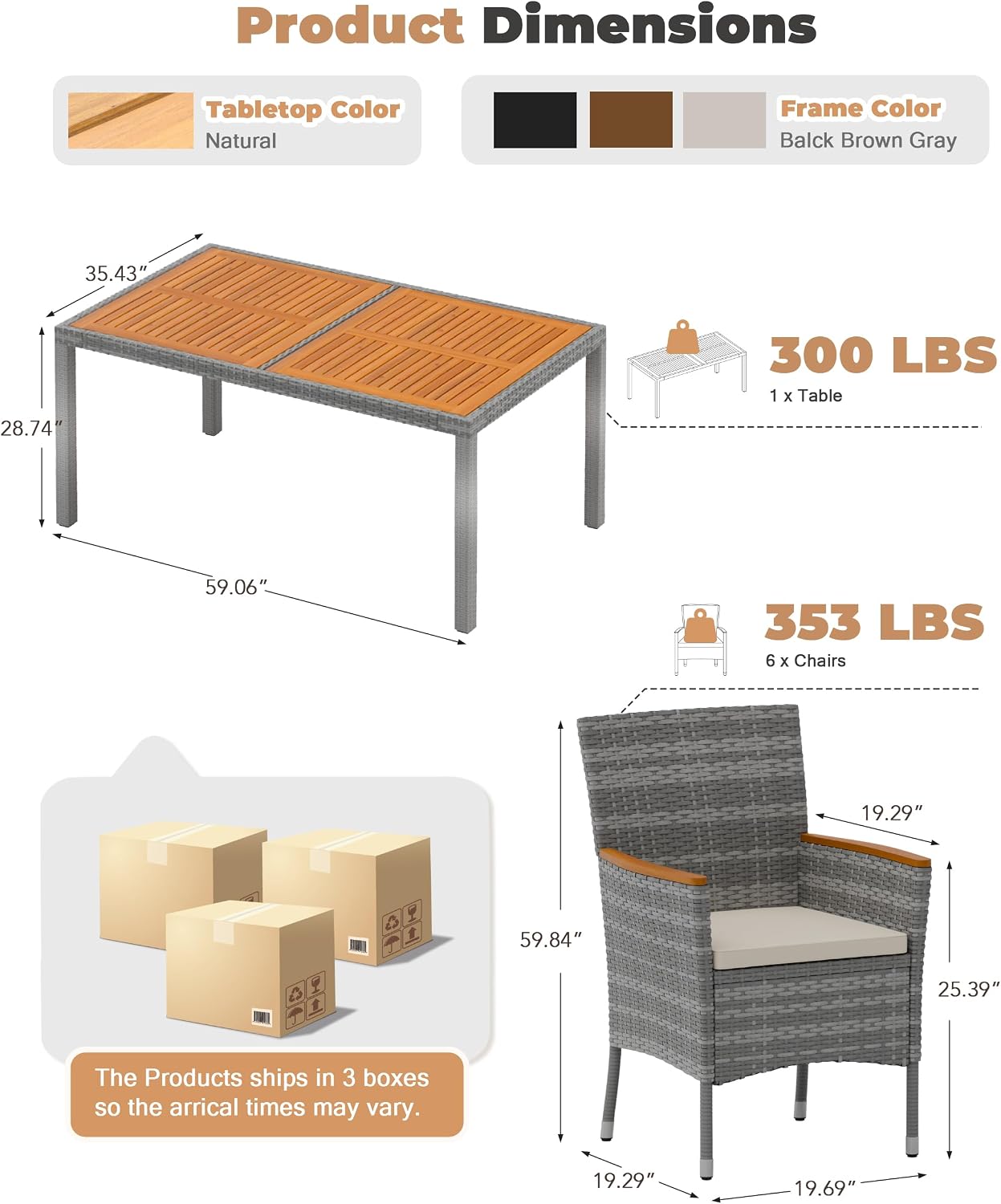 Flamaker 7 Piece Patio Dining Set Outdoor Acacia Wood Table and Chairs with Soft Cushions Wicker Patio Furniture for Deck, Backyard, Garden (Grey)