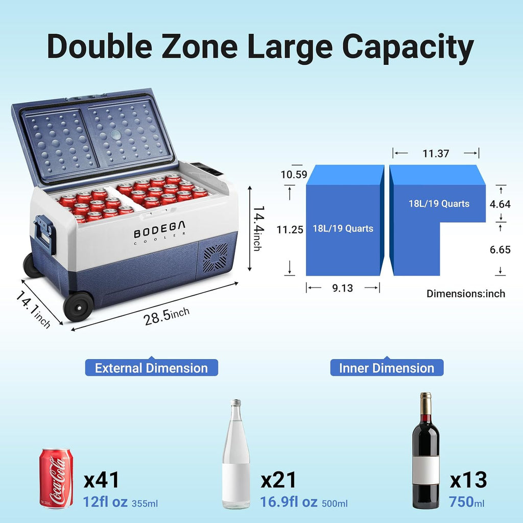 BODEGA BODEGACOOLER 12 Volt Car Refrigerator,38 Quart Portable Freezer Fridge,Car Fridge Dual Zone WIFI APP Control,(36L)-4℉-68℉Car Cooler 12/24V DC and 100-240V AC for Outdoor,RV,Travel,Camping