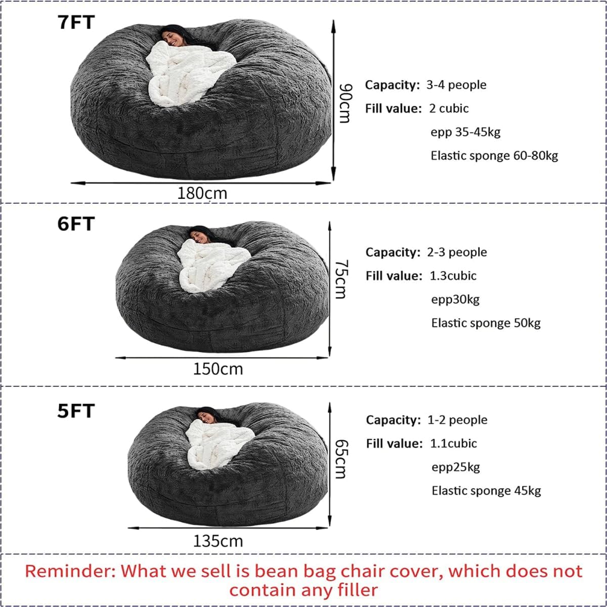 HDMLDP Bean Bag Chair Cover for Kids Adults Without Filling Comfy Giant Round Beanbag Love Sack Covers for Bedroom Living Room, 7FT, Blue