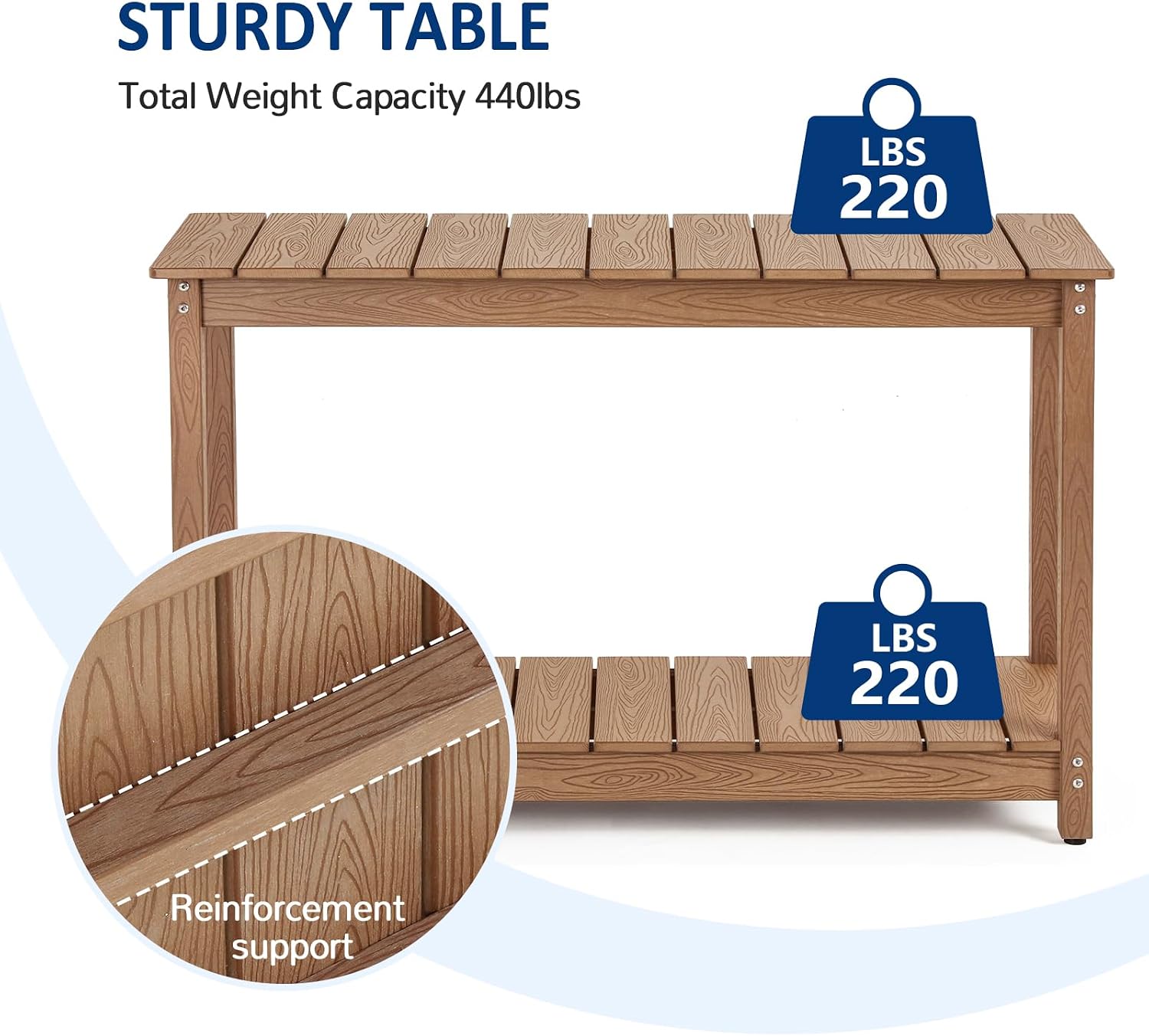 Outdoor Console Table, 48' Weather Resistant HIPS Patio Side Table, 440LBS Weight Capacity, 2-Tier Multifunctional Buffet Bar Storage Organizer for Garden Deck, Teak