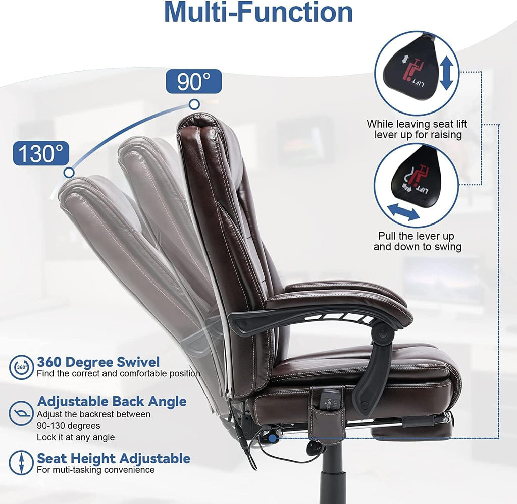 HOMREST 4-Point Massage Reclining Office Chair, Leather Heating Executive Chair, Ergonomic Home Office Desk Chair with Retractable Footrest,Computer Chair for Home Office, Study, Gaming (Brown)