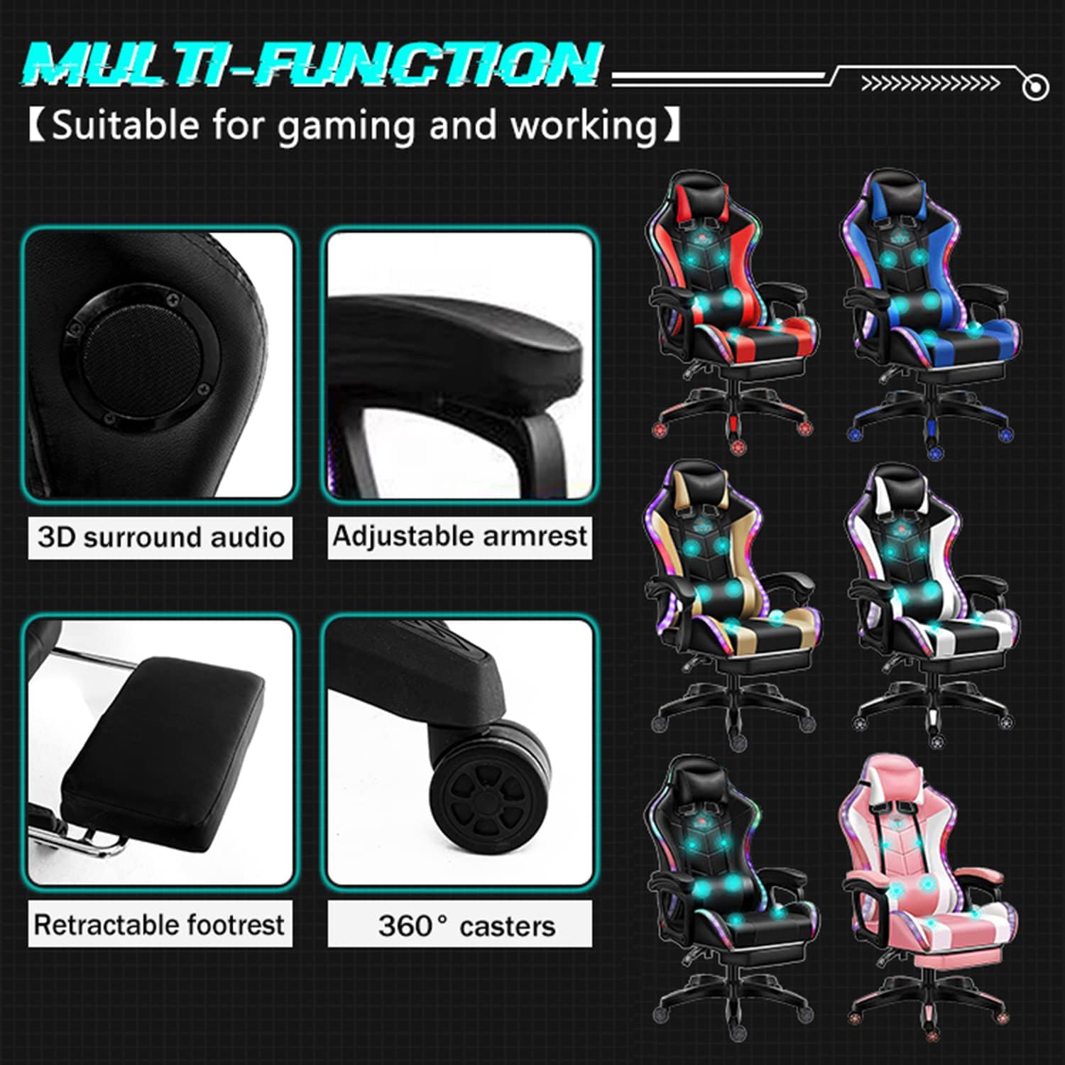 Gaming Chairs for Kids Adults Video Game Chair with LED Lights and Speakers Ergonomic 7-Point Massage Computer Chairs High Back Office Chair with Footrest and Lumbar Support Headrest,Pink