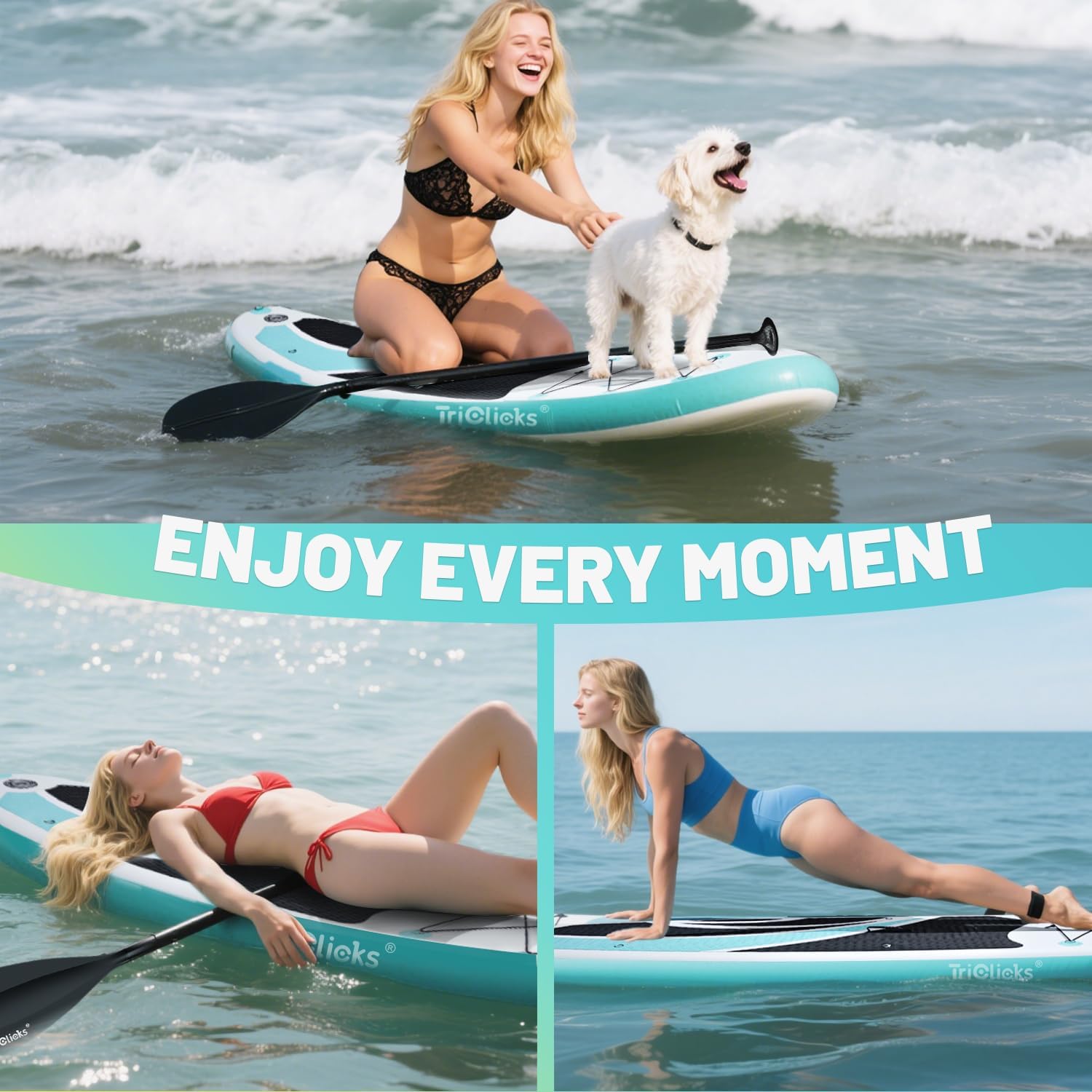 Triclicks Inflatable Stand Up Paddle Board 10ft Surfing Board Kit for Adults, Premium SUP Complete Kit with Adjustable Paddle Hand Pump Fin Leash Backpack