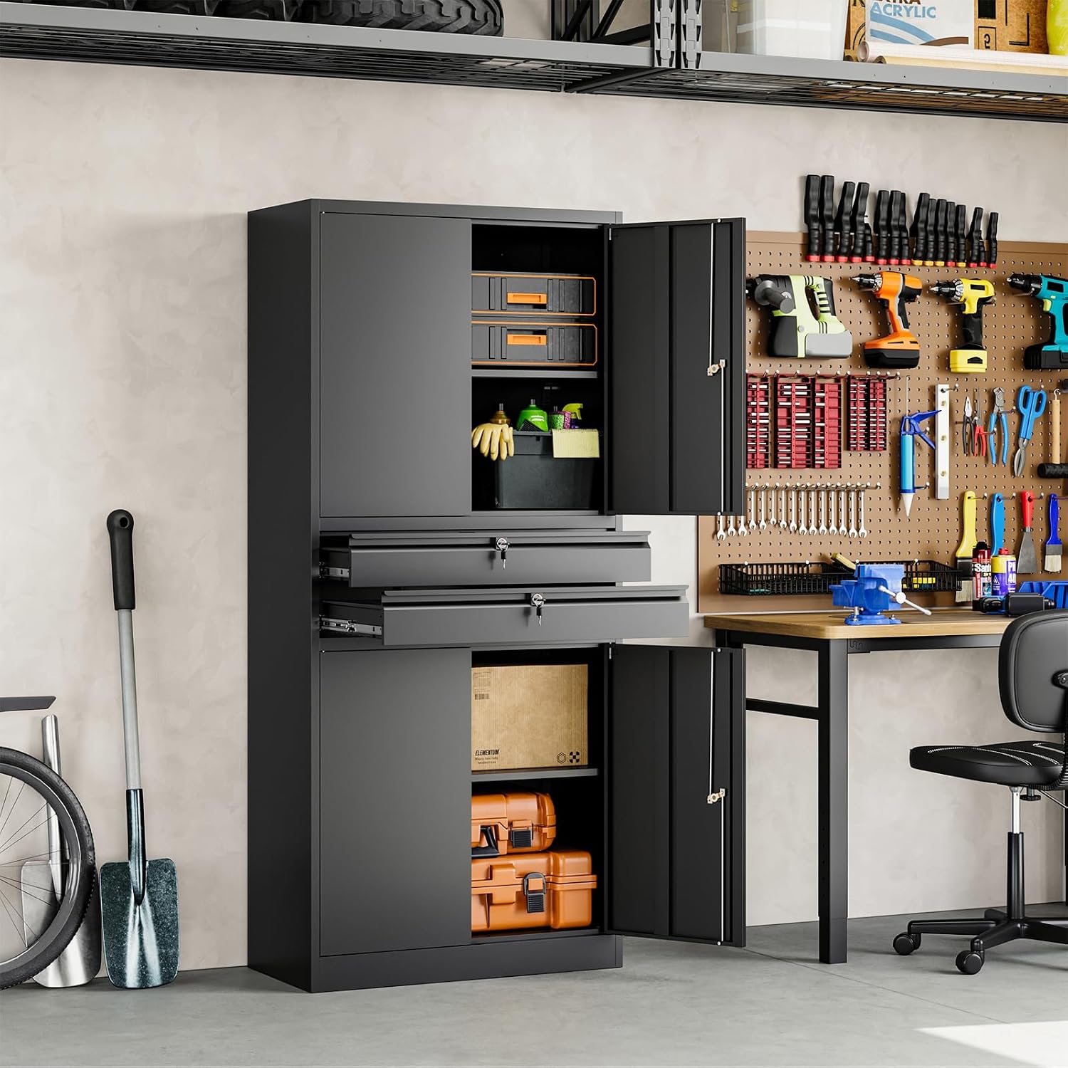 Yizosh Metal Garage Storage Cabinet with Locking Doors and Adjustable Shelves, 71' Tool Storage Cabinet with 2 Drawer for Garage,Warehouse