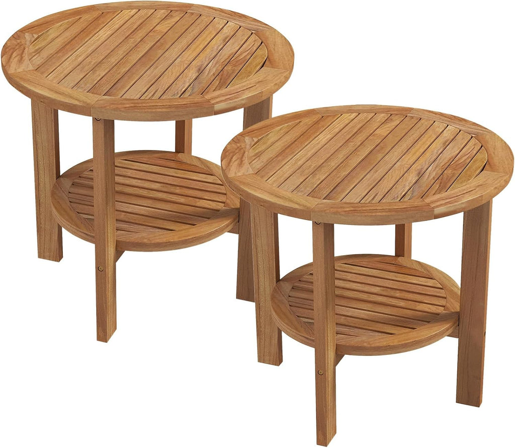 Tangkula Outdoor Round Side Table, 19.5 Inches Teak Wood Patio Table with Slatted Tabletop & Storage Shelf, 2-Tier Heavy Duty Small End Table for Backyard, Porch, Deck, Yard, Garden, Natural