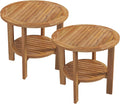 Tangkula Outdoor Round Side Table, 19.5 Inches Teak Wood Patio Table with Slatted Tabletop & Storage Shelf, 2-Tier Heavy Duty Small End Table for Backyard, Porch, Deck, Yard, Garden, Natural