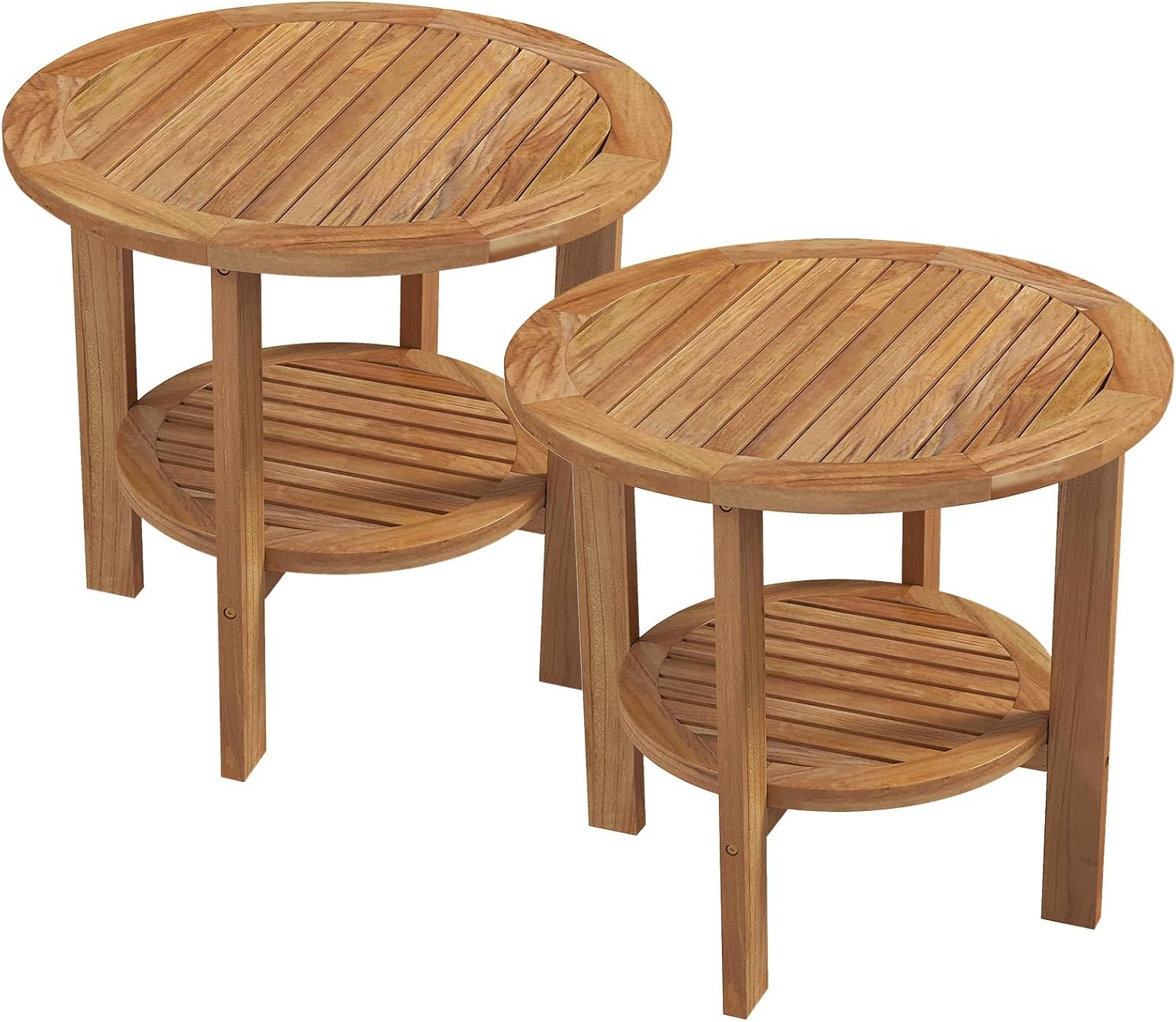 Tangkula Outdoor Round Side Table, 19.5 Inches Teak Wood Patio Table with Slatted Tabletop & Storage Shelf, 2-Tier Heavy Duty Small End Table for Backyard, Porch, Deck, Yard, Garden, Natural
