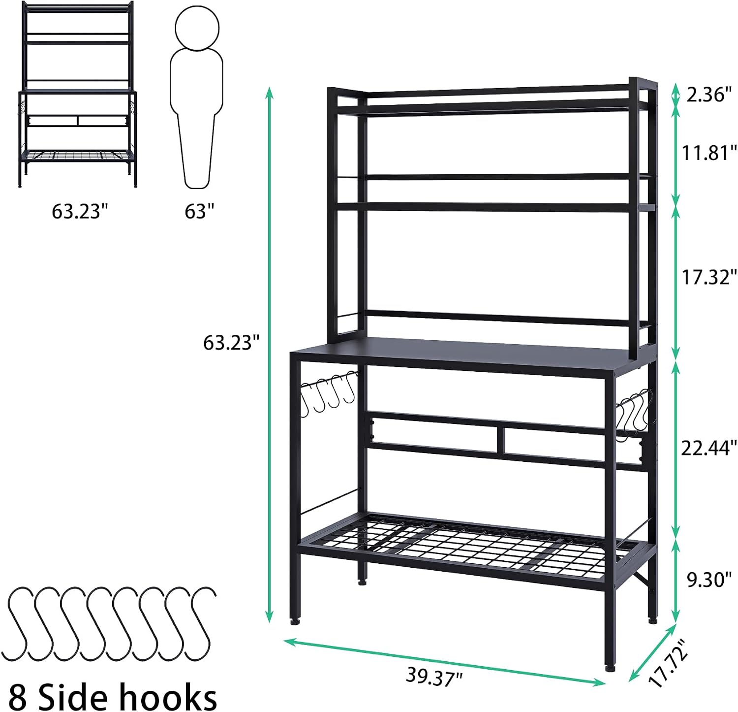 Outdoor Potting Bench Table with Storage, 63' Tall Metal Garden Workstation, 4-Tier Plant Stand Shelves with 8 Hooks, Heavy Duty All-Weather Potting Table for Patio, Backyard, Balcony, Black