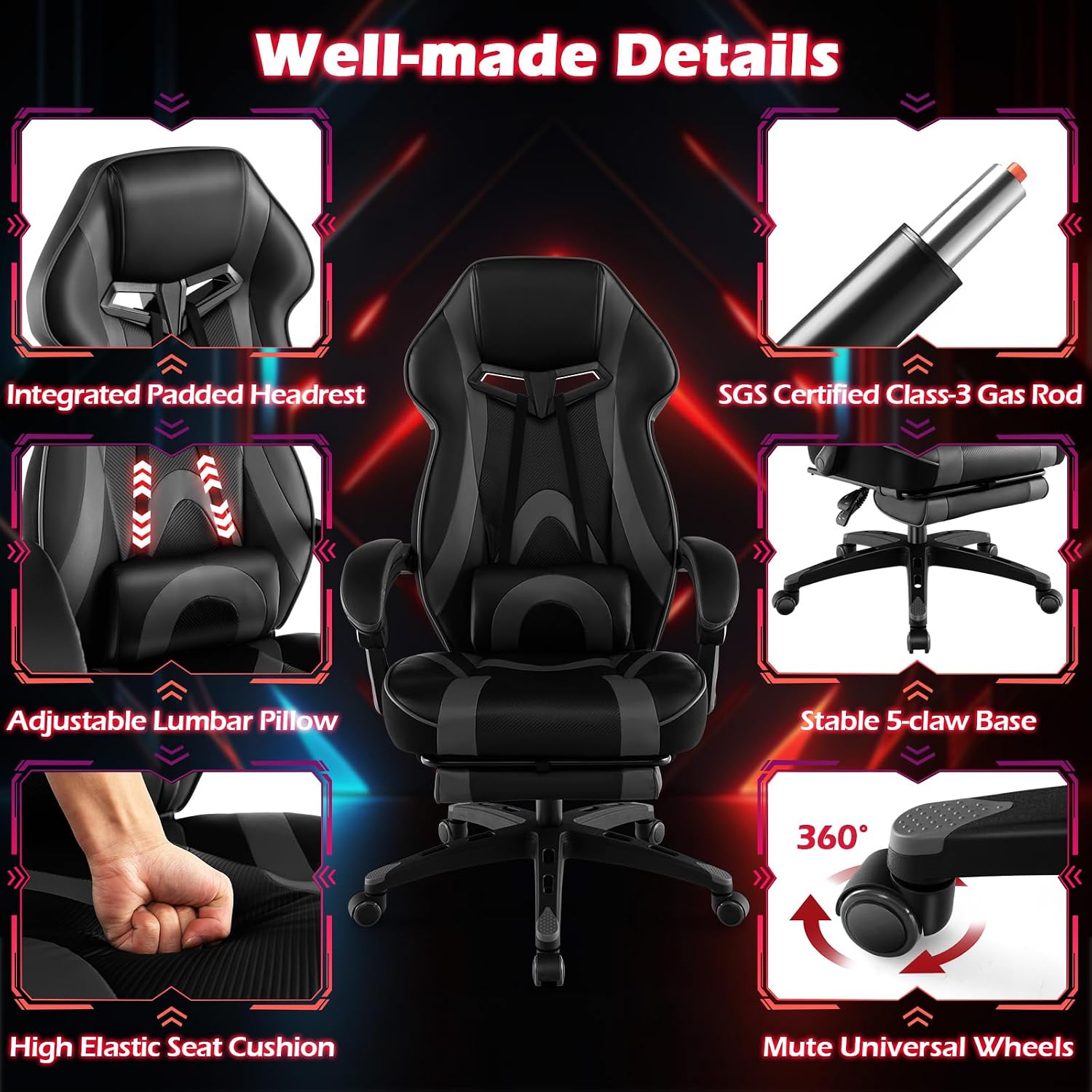 Giantex Gaming Chair with Footrest for Adults, Reclining Video Game Chair w/Lumbar Support, Racing Style Ergonomic Office Computer Chair, Height Adjustable Swivel Gamer Chair for Gaming (Grey)