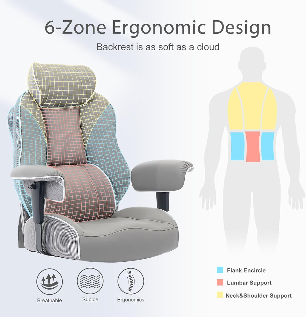 DJ·Wang Big and Tall Office Chair with Foot Rest, High Back Executive Office Chair PU Leather, Ergonomic Chairs with Lumbar Support, 135° Reclining Chairs with Thickened Spring Cushion Gray