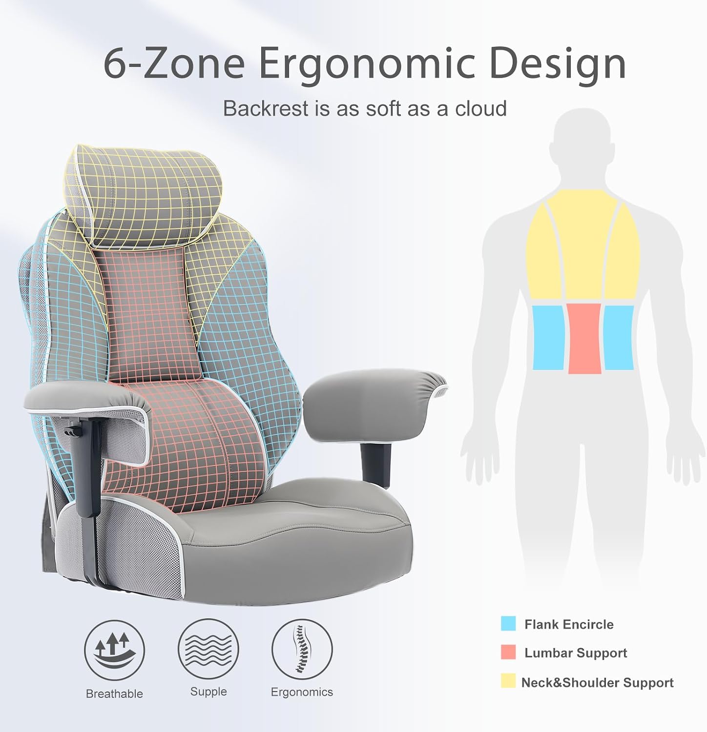 DJ·Wang Big and Tall Office Chair with Foot Rest, High Back Executive Office Chair PU Leather, Ergonomic Chairs with Lumbar Support, 135° Reclining Chairs with Thickened Spring Cushion Gray