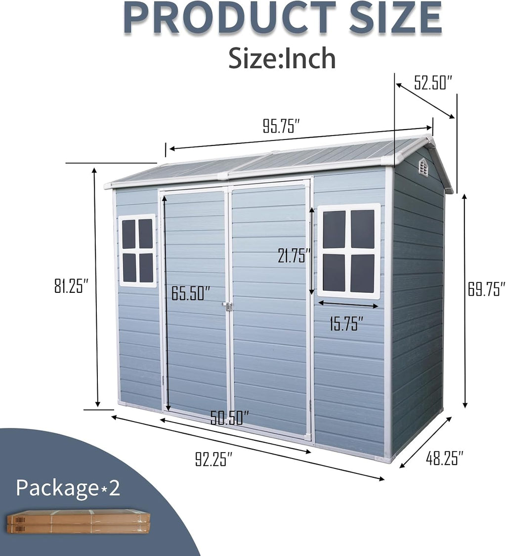 KUIKUI 8x4ft Shed with Floor Included, Plastic Storage Sheds with 2 Windows and Lockable Door, Backyard Storage Sheds for Garden Tools, Bike, Grey