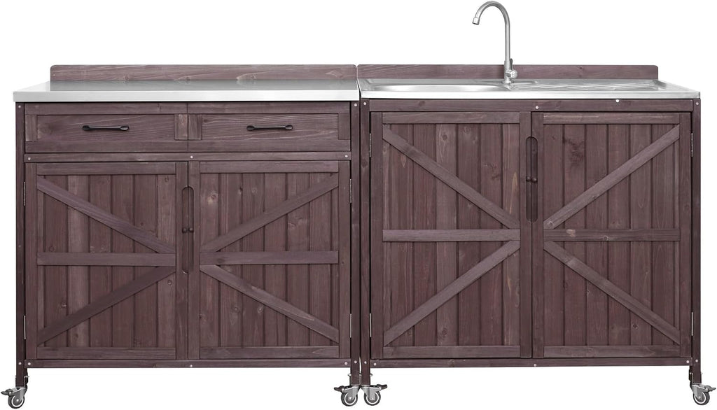 LUMISOL Outdoor Grill Cart Set with Stainless Steel Station, 2 Piece Outdoor Kitchen Island Set with Faucet, Drawer, 2 Door Shelves, Outdoor Storage Cabinet with Storage Racks & Wheels, Dark Brown