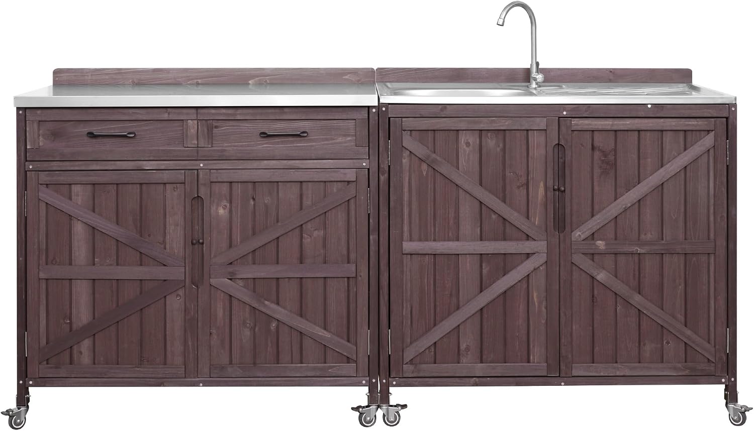 LUMISOL Outdoor Grill Cart Set with Stainless Steel Station, 2 Piece Outdoor Kitchen Island Set with Faucet, Drawer, 2 Door Shelves, Outdoor Storage Cabinet with Storage Racks & Wheels, Dark Brown