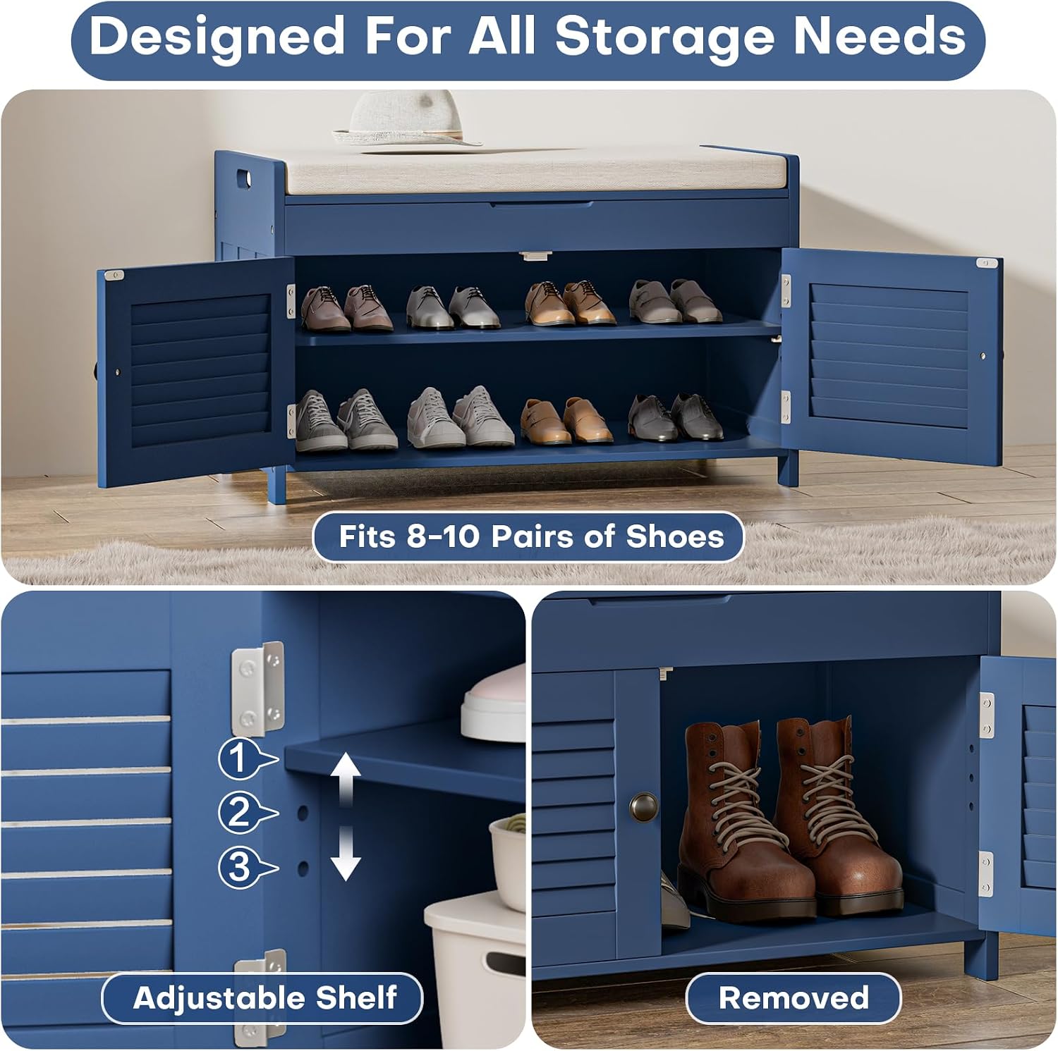 WARMHONIU Shoe Storage Bench with Lift Top Storage, Entryway Bench with Cushioned Seat, Adjustable Shelf, 2 Tier Shoe Rack with Doors for Entryway, Bedroom, Hallway, Mudroom, Blue