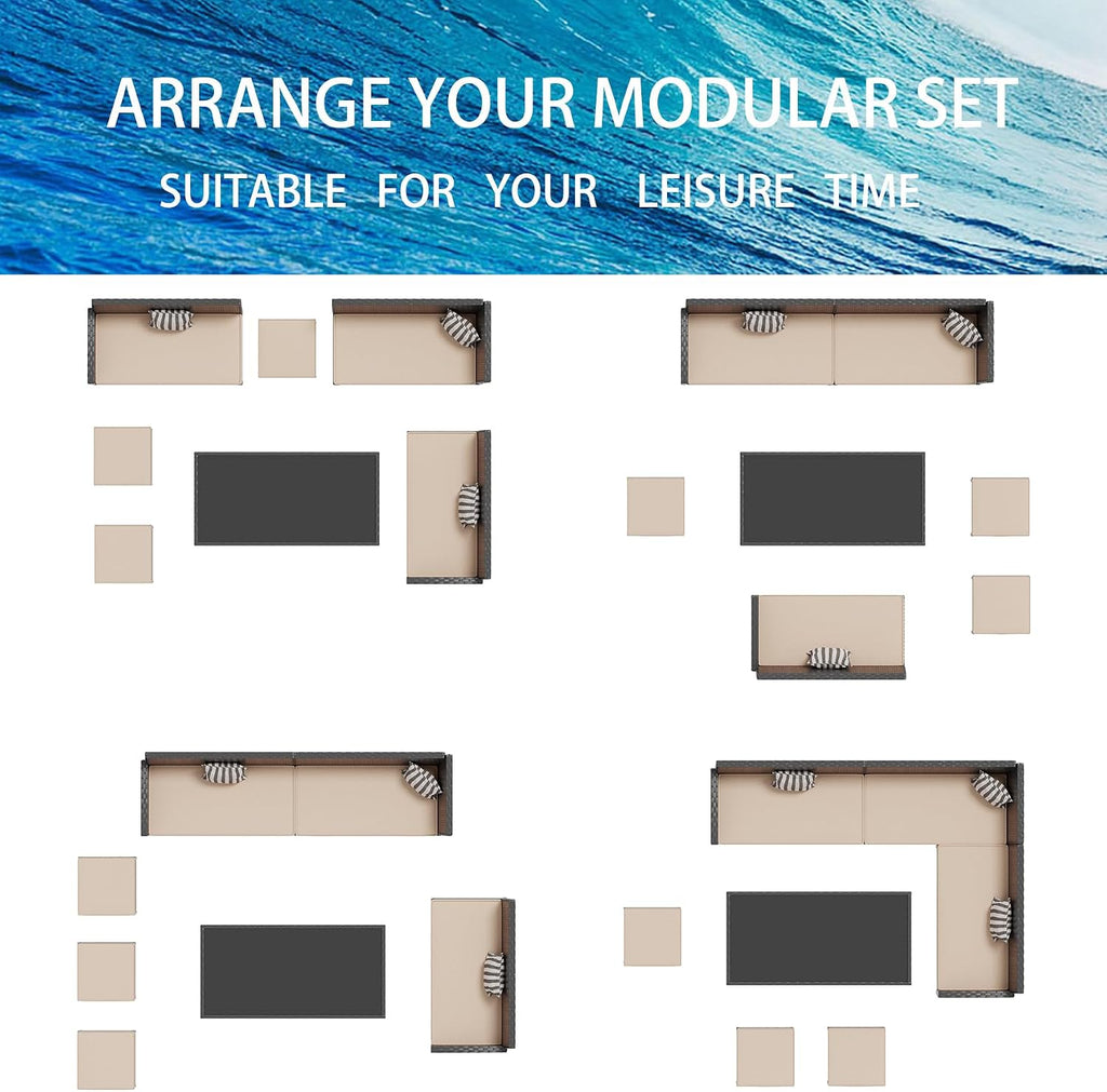7 Piece Outdoor Dining Set, Patio Furniture with Cushions & 3 Pillows, Conversation Wicker Sectional Sofa Set with Long Glass Coffee Table for Garden, Porch, Lawn, Khaki