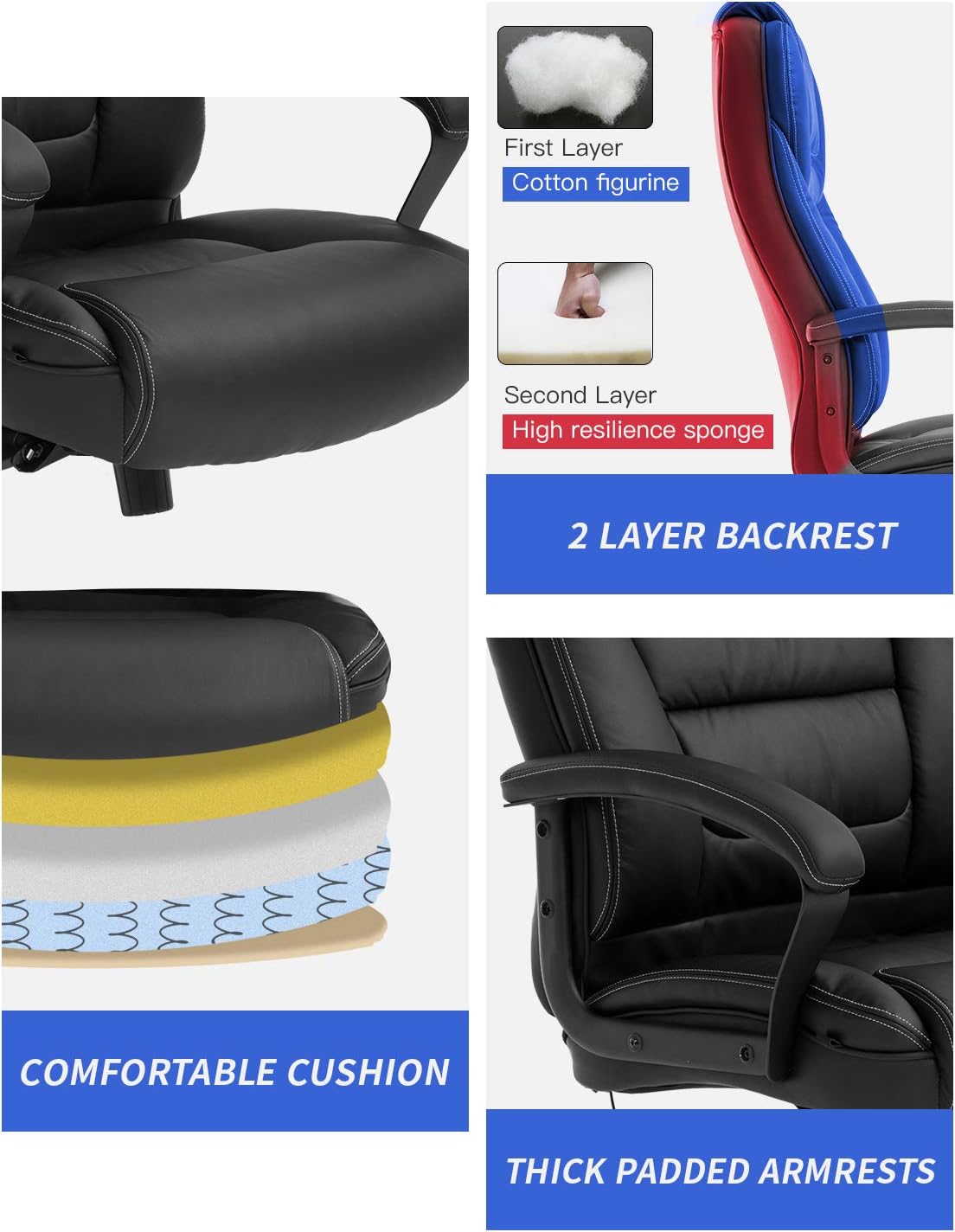Big and Tall 500lbs Wide Seat Ergonomic Desk Chair with Lumbar Support Arms Headrest Massage Office Chair Rolling Swivel PU Leather Task Computer Chair for Adults,Black
