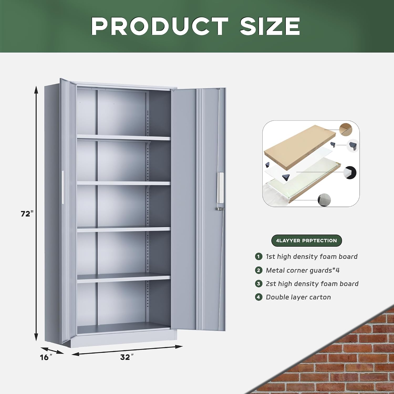 Greenvelly Metal Garage Storage Cabinet, 72' Tall Locking Steel Cabinet with 2 Doors and 4 Adjustable Shelves, Utility Metal Filing Cabinet with Lock for Home, Office, Garage, School (Dark Grey)