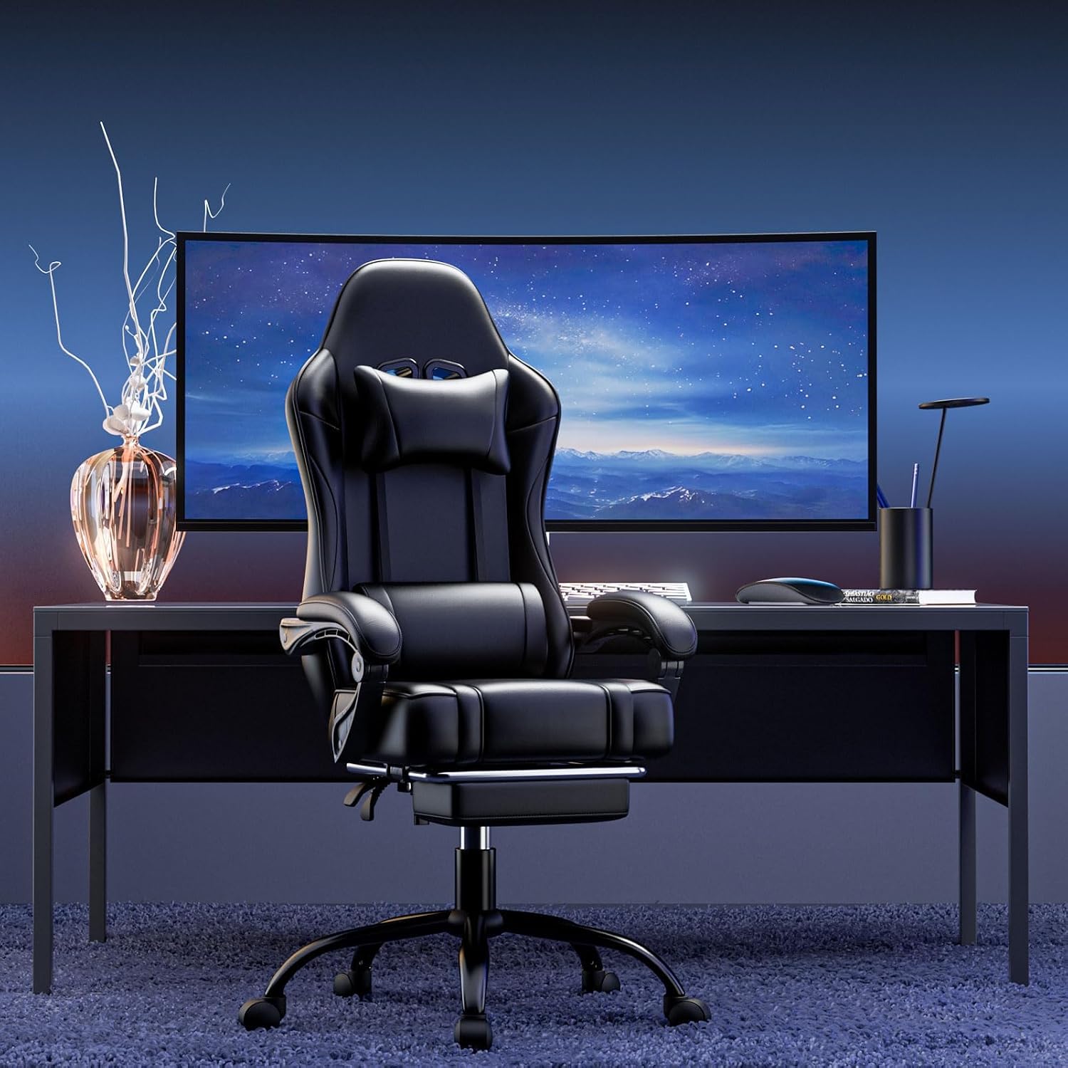 Ergonomic Gaming Chair, Video Game Chair with Pocket Spring Cushion and Footrest, Height Adjustable Computer Chair with Swivel Seat and Headrest (Black)