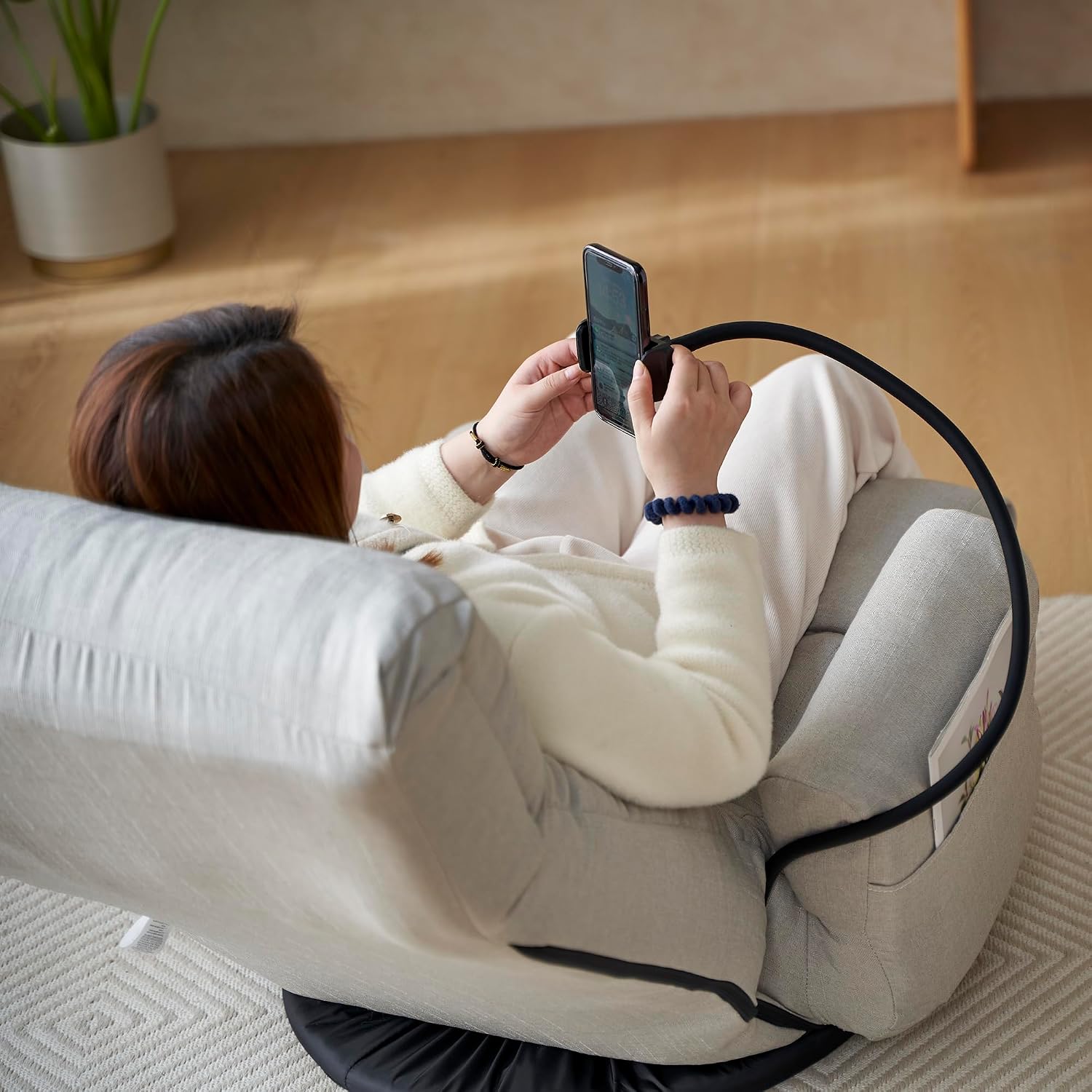 360° Swivel Gaming Floor Chair, 5 Position Adjustable Folding Sofa Chair with Armrests & Phone Holder, Cushion Padded Indoor Chaise Lounge for Adults, Home Office Floor Leisure Chairs, Grey