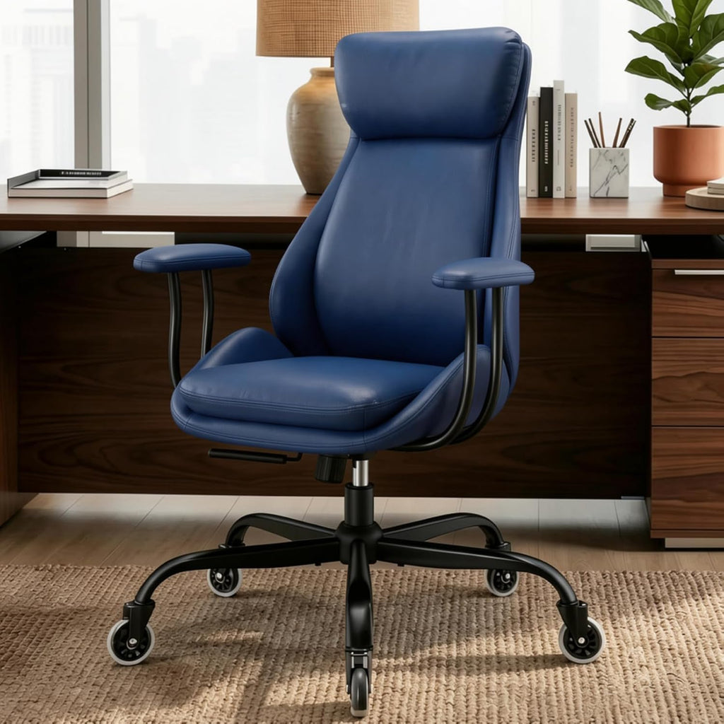 E-Motie Office Chair, Leather Desk Chair with Rubber Wheels, Ergonomic Computer Chair 500 LBS with Lumbar Support, High Back Executive Chair for Modern Home Office, Blue