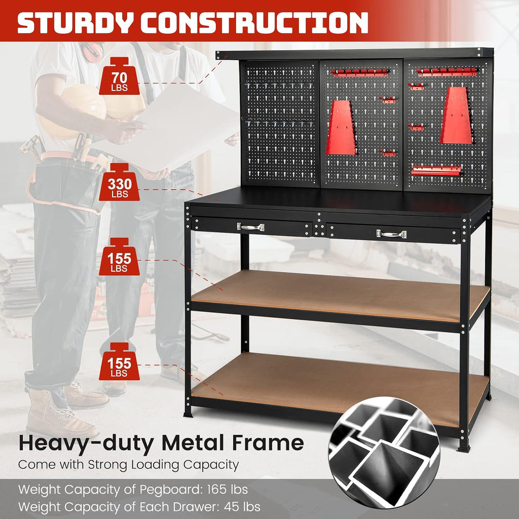 Goplus Work Bench with Storage, 48' x 24' Work Table with Pegboard, 2 Drawers, Hanging Accessories, Topping Space, 4-Tier Heavy Duty Metal Tool Storage Bench, Workbench for Garage, Workshop