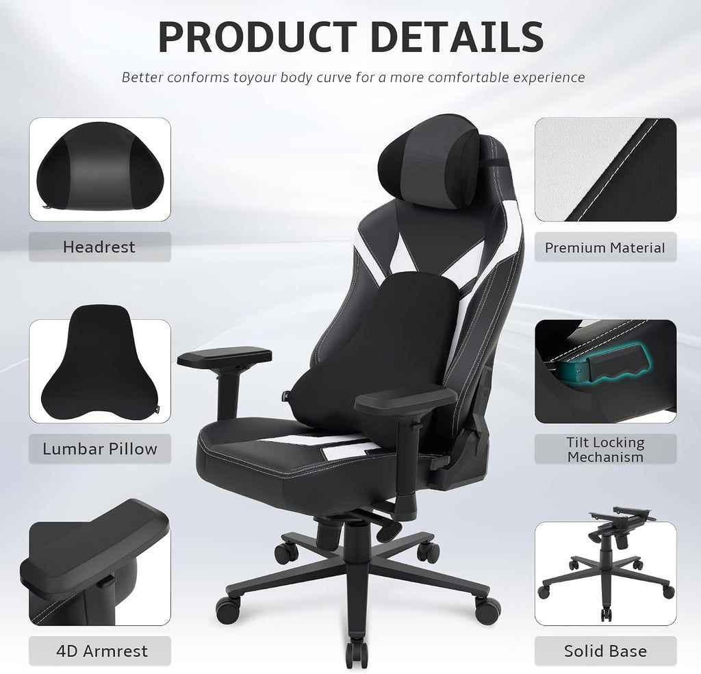 Ergonomic Gaming Chair, Wyrdforging Computer Desk Chairs, 4D Armrests, High Back Office Chair With Headrest & Lumbar Pillow, Tilt Rocker Recliner, Heavy-Duty Base, Black PU Leather & White Suede Combo