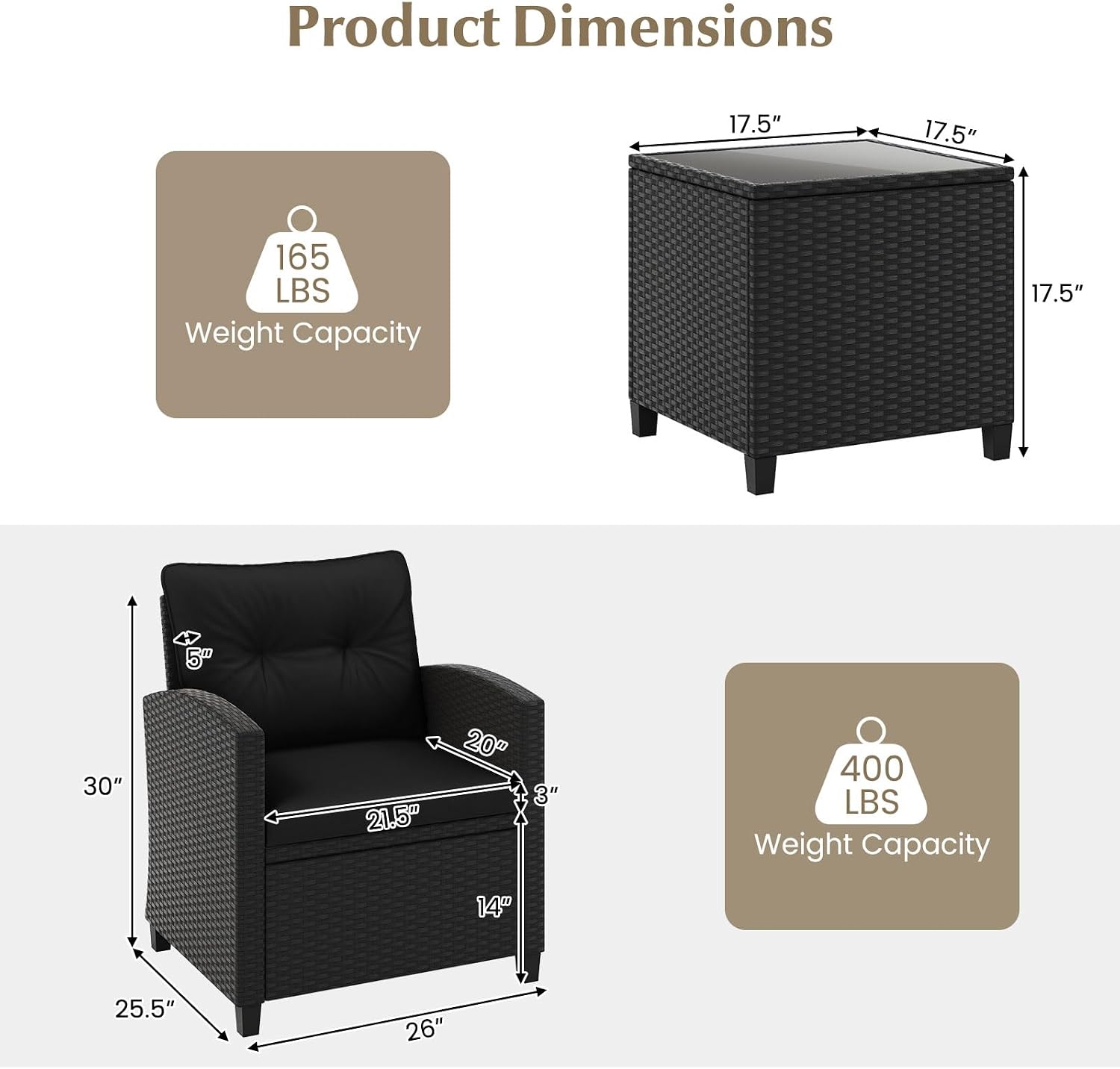 HAPPYGRILL 3 Pieces Wicker Patio Conversation Set, PE Rattan Bistro Sofa Set with Tempered Glass Coffee Table, Washable Cushions, Outdoor Furniture Set for Garden Poolside Balcony (Black)