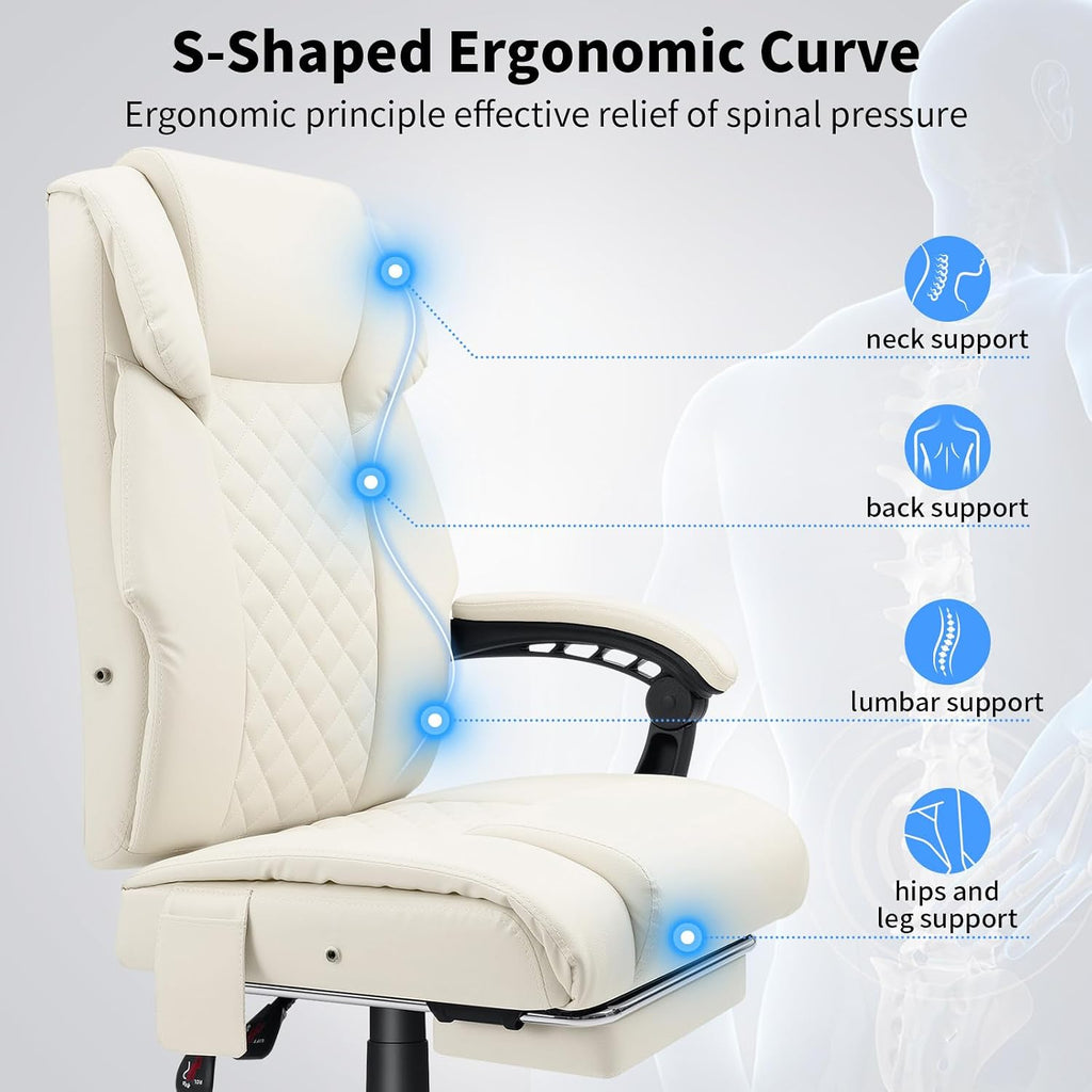 HOFFREE 7 Points Vibration Massage Office Chair with Heat Ergonomic Executive Office Chair with Footrest Reclining Home Office Desk Chairs Beige