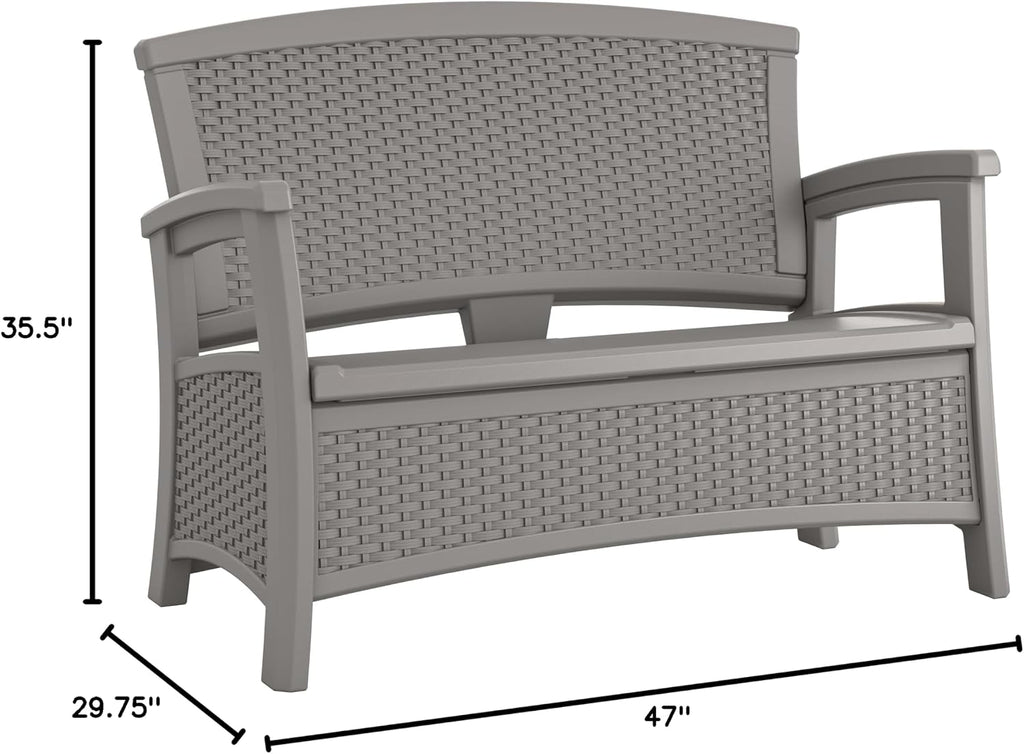 Suncast Outdoor Wicker Love Seat with 23-Gallon Storage, Comfortable Seating for Two, Ergonomic Back Support, All-Weather Furniture for Patio, Deck, and Garden, Gray, Made in The USA