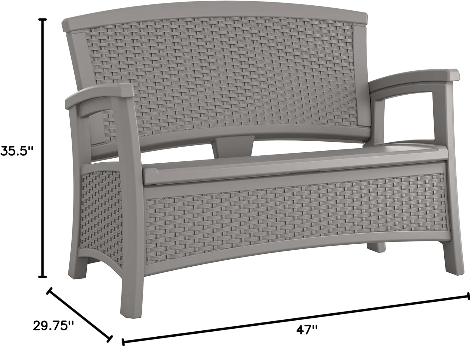 Suncast Outdoor Wicker Love Seat with 23-Gallon Storage, Comfortable Seating for Two, Ergonomic Back Support, All-Weather Furniture for Patio, Deck, and Garden, Gray, Made in The USA