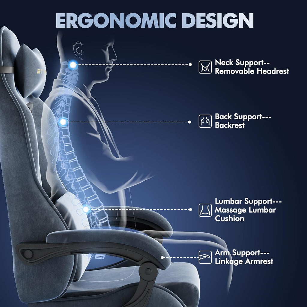 Soontrans Velvet Fabric Gaming Chair with Footrest, Comfortable Video Gamer Chair for Adult, Ergonomic Office Desk Game Computer Chairs with Massage Lumbar Cushion,Headrest