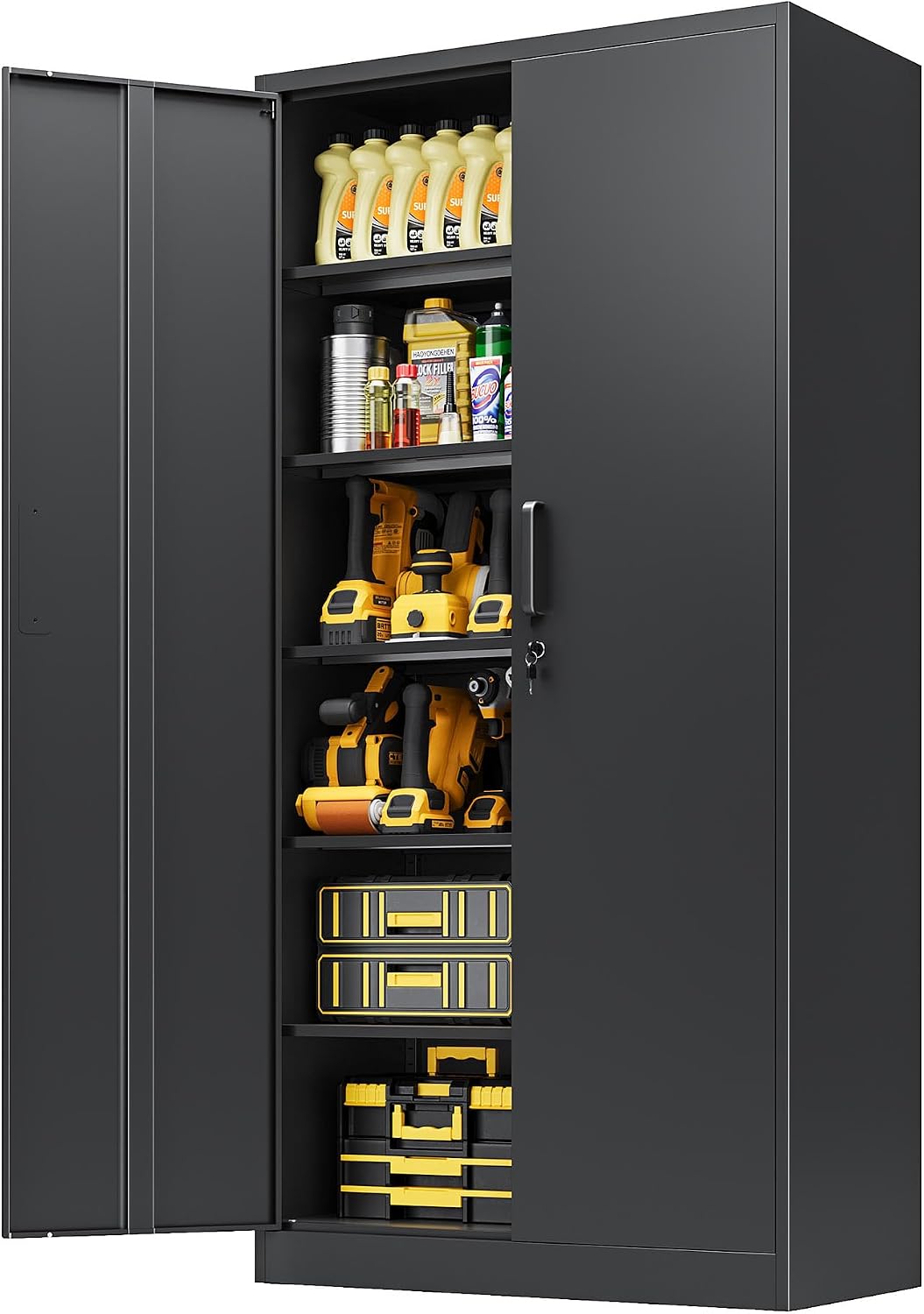 Metal Garage Storage Cabinet,Tall Black Cabinet with Doors and Adjustbale Shelves,Lockable Tool Cabinet for Garage,Basement,Home Office