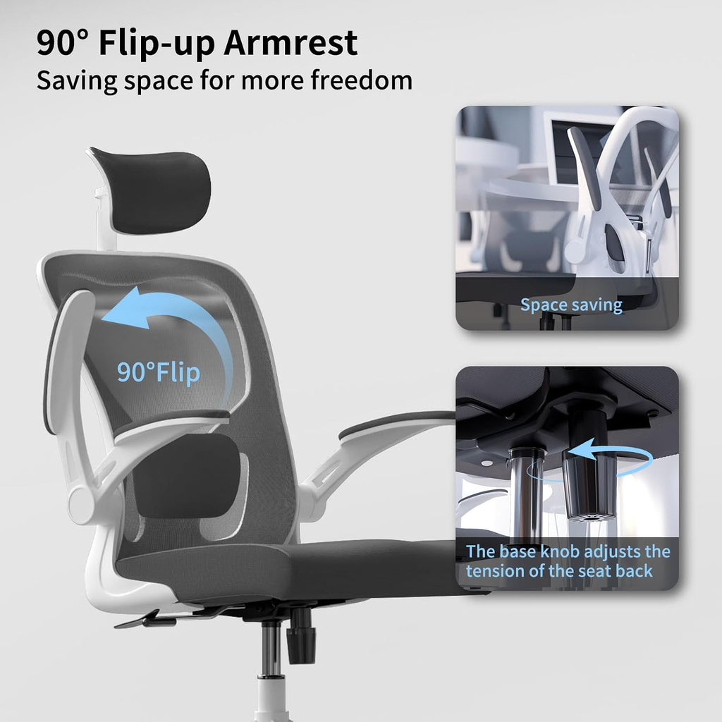 Monhey Ergonomic Office Chair, 90°-125° Tilt Back Home Desk Chair with 360° Swivel & Mute Wheels, High Back Mesh Computer Chair for Adults with Lumbar Support, 330 LBS Capacity(02White+Grey)