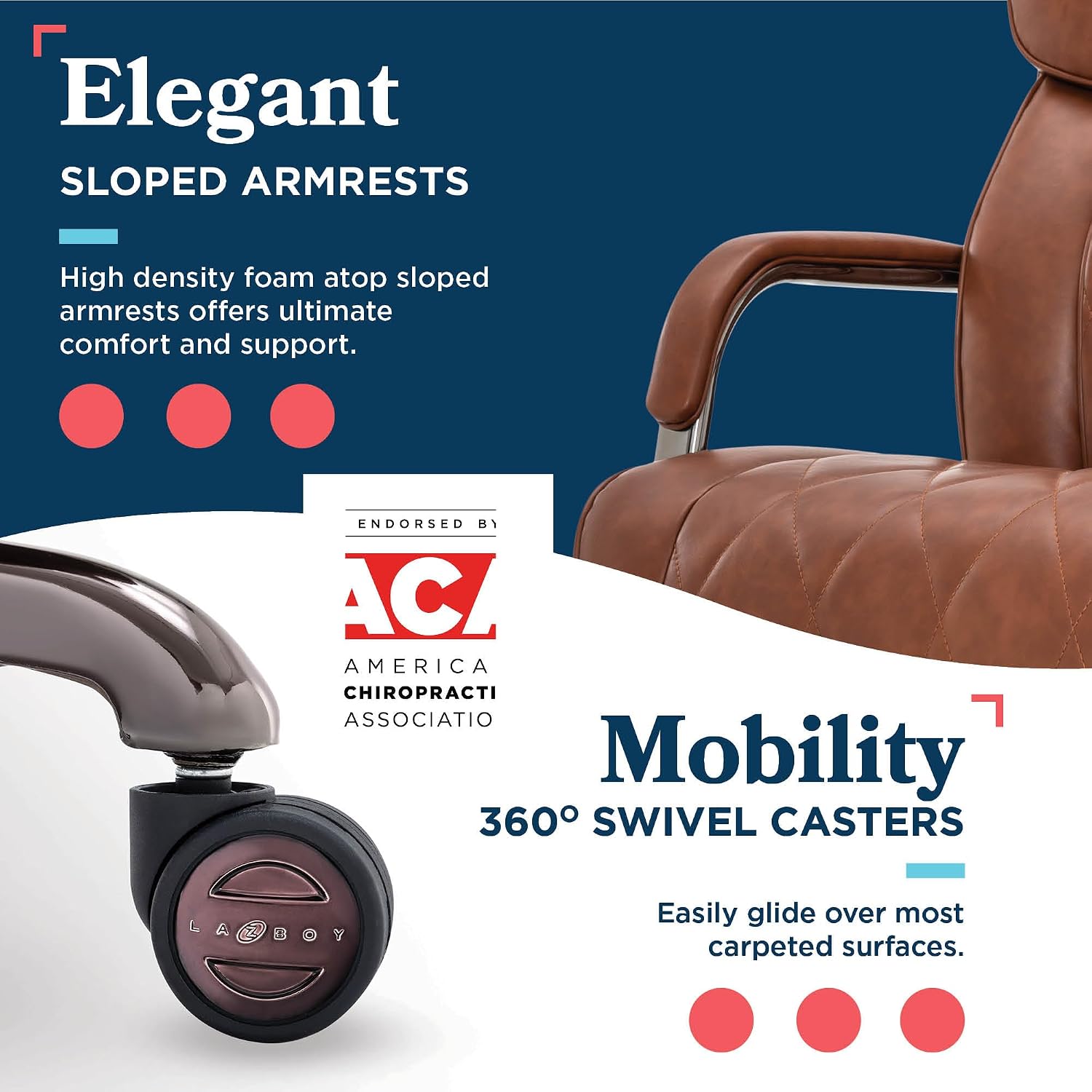 La-Z-Boy Symphony Executive Mid-Back Office Chair, Diamond Quilt Seat and Back, Pocket Coil Cushion, Padded Armrests, Ergonomic Computer DeskChair, Swivel Metal Base, Bonded Leather, Cognac/Graphite