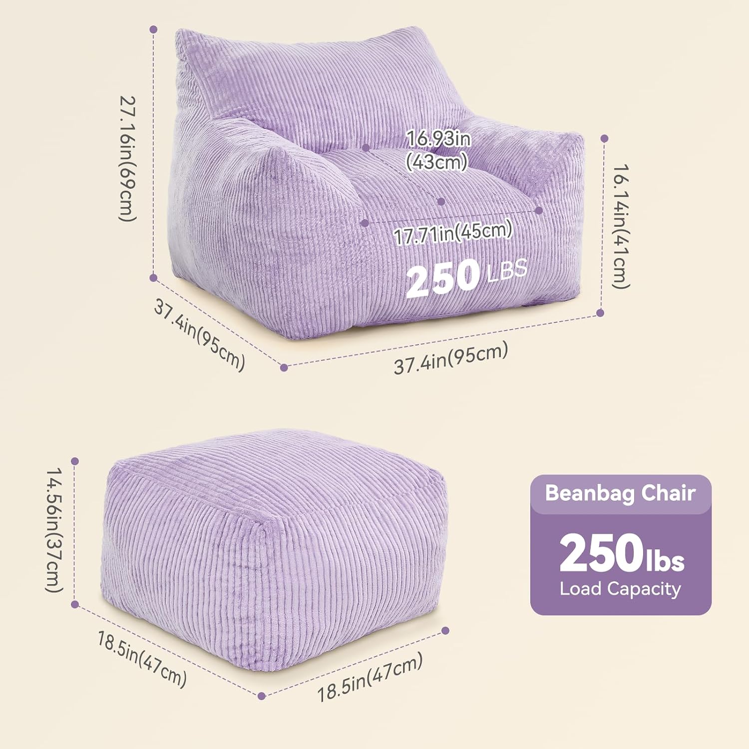 Bean Bag Chair with Ottoman, Oversized Cloud Boneless Couch, Memory Foam Beanbag Set for Adults & Teens, Plush Corduroy Comfy Chair for Bedroom, Dorm, Living Room, Gaming & Reading Nook (Purple)