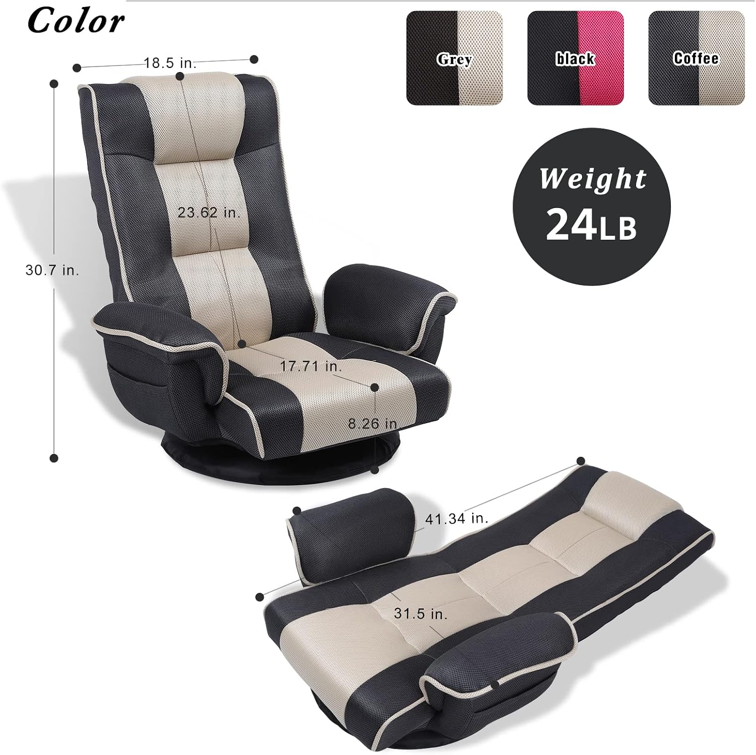 360 Degree Swivel Floor Chairs for Adults, Gaming Floor Chair with Back Support, 14 Angles Adjustable Comfortable Floor Lounge Chair Folding Video Game Chairs Office Bedroom 201(Grey)