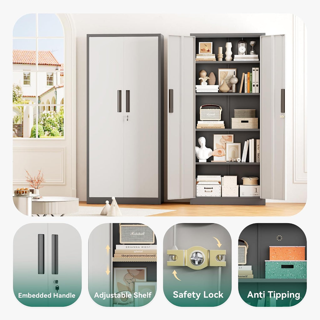 Greenvelly Metal Storage Cabinet, 63' H Locking Metal Storage Cabinet with Doors and 4 Shelves, Lockable Steel Cabinets for Kitchen, Bedroom, Living Room, Office (White Grey)