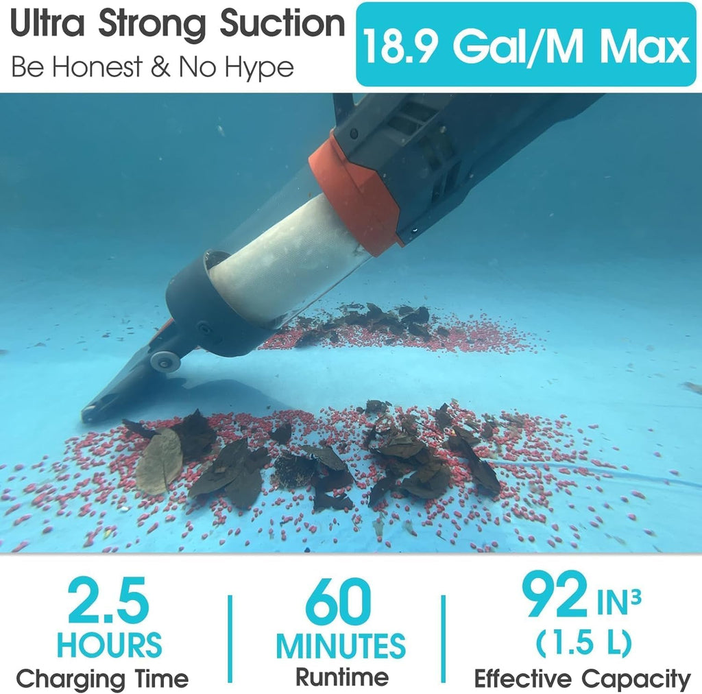 Cordless Pool Vacuum-25 Micron Fluff Ultra Fine Filter, True Powerful Suction 18.9GPM,1H Runtime, Handheld Rechargeable Hot Tub Cleaner with Poles for Above Ground&Inground Pool