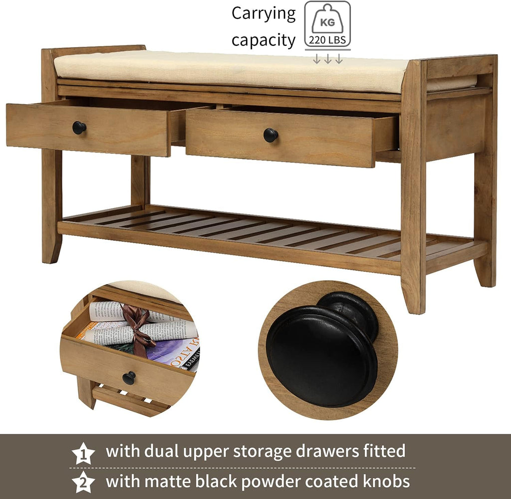Harper & Bright Designs TREXM Shoe Rack with Cushioned Seat and Drawers, Multipurpose Entryway Storage Bench (Old Pine)
