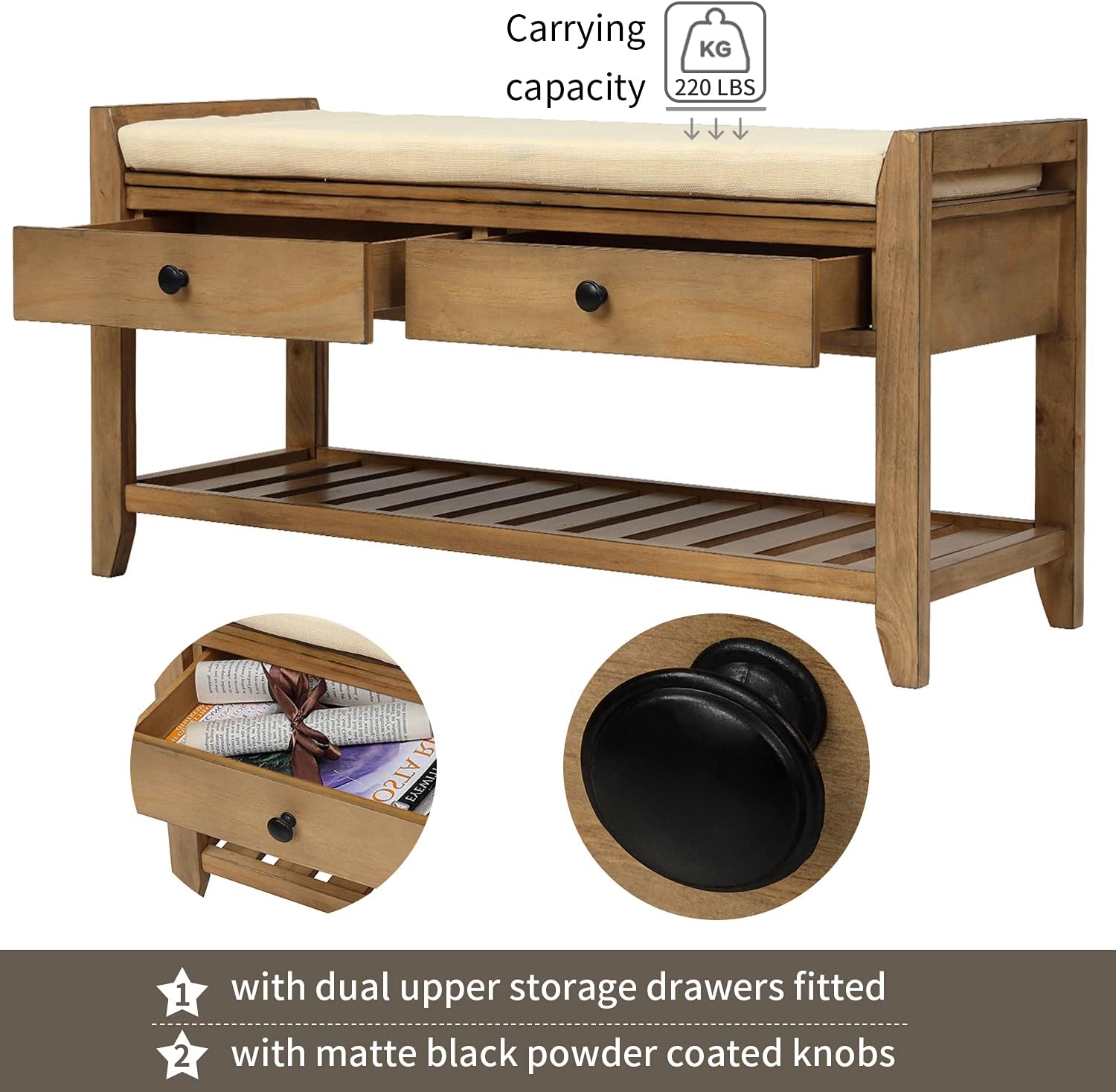 Harper & Bright Designs TREXM Shoe Rack with Cushioned Seat and Drawers, Multipurpose Entryway Storage Bench (Old Pine)