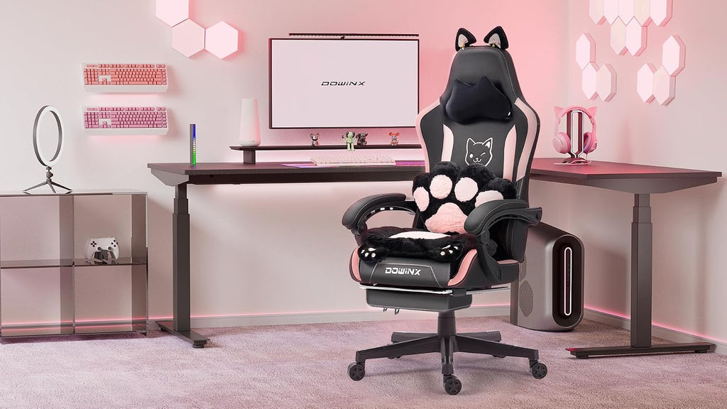 Dowinx Gaming Chair Cute with Cat Ears and Paw Lumbar, Ergonomic Computer Chair for Girl with Footrest and Headrest, Comfortable Reclining Game Chair 292lbs for Adult, Teen, Black