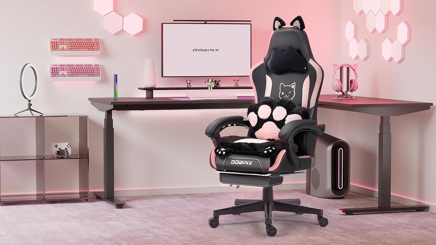 Dowinx Gaming Chair Cute with Cat Ears and Paw Lumbar, Ergonomic Computer Chair for Girl with Footrest and Headrest, Comfortable Reclining Game Chair 292lbs for Adult, Teen, Black