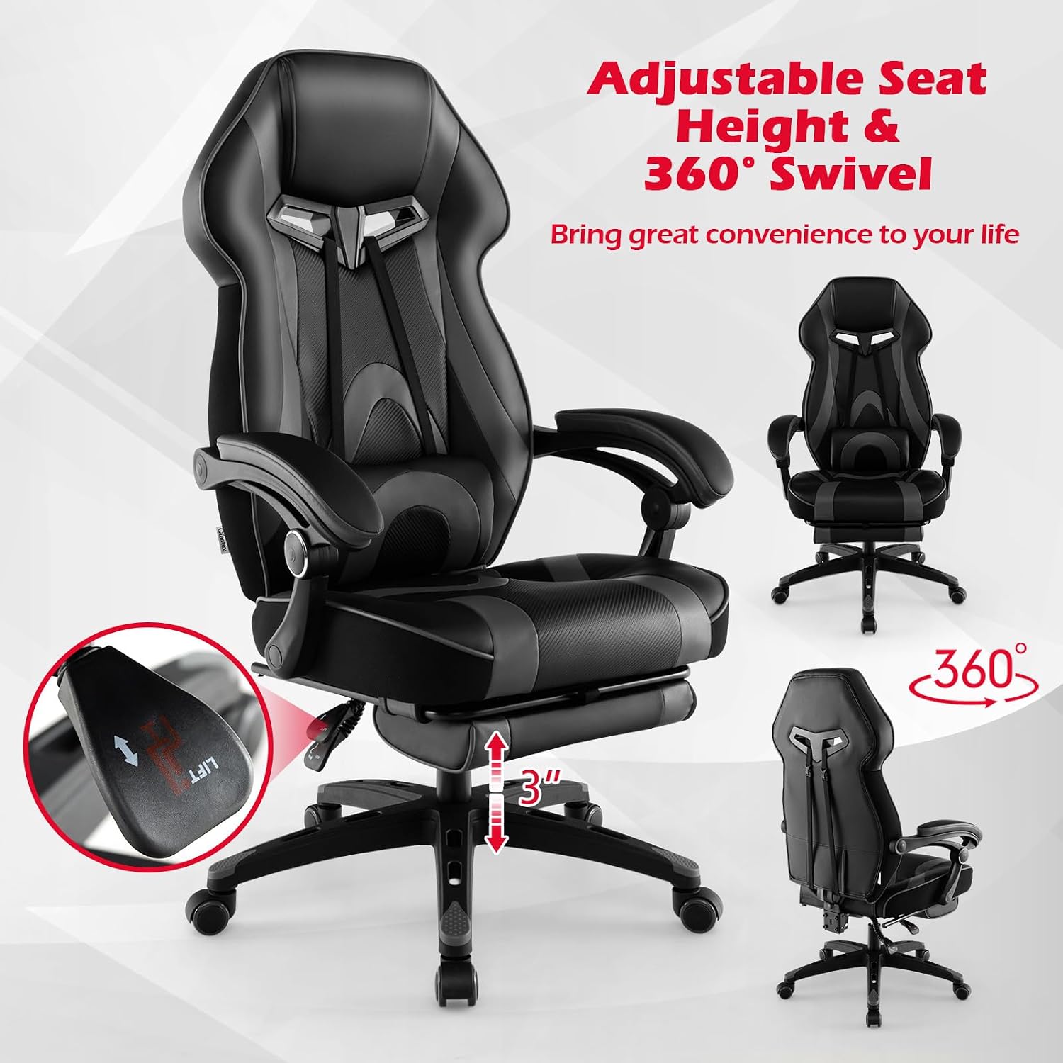 Giantex Gaming Chair with Footrest for Adults, Reclining Video Game Chair w/Lumbar Support, Racing Style Ergonomic Office Computer Chair, Height Adjustable Swivel Gamer Chair for Gaming (Grey)